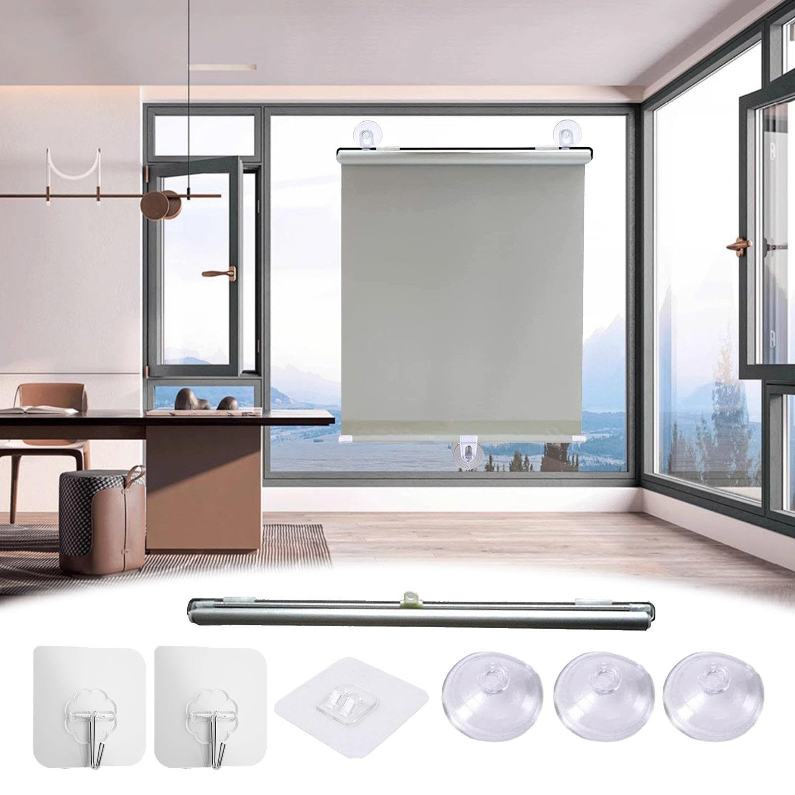 DECAKE Indoor Blackout Roller Blinds,Roller Shades with Suction Cups,Sunshade Blinds for Windows,Retractable Privacy Curtains,Portable Temporary Blinds,No Drilling,Grey-30×125cm(11.8 * 49.2in)