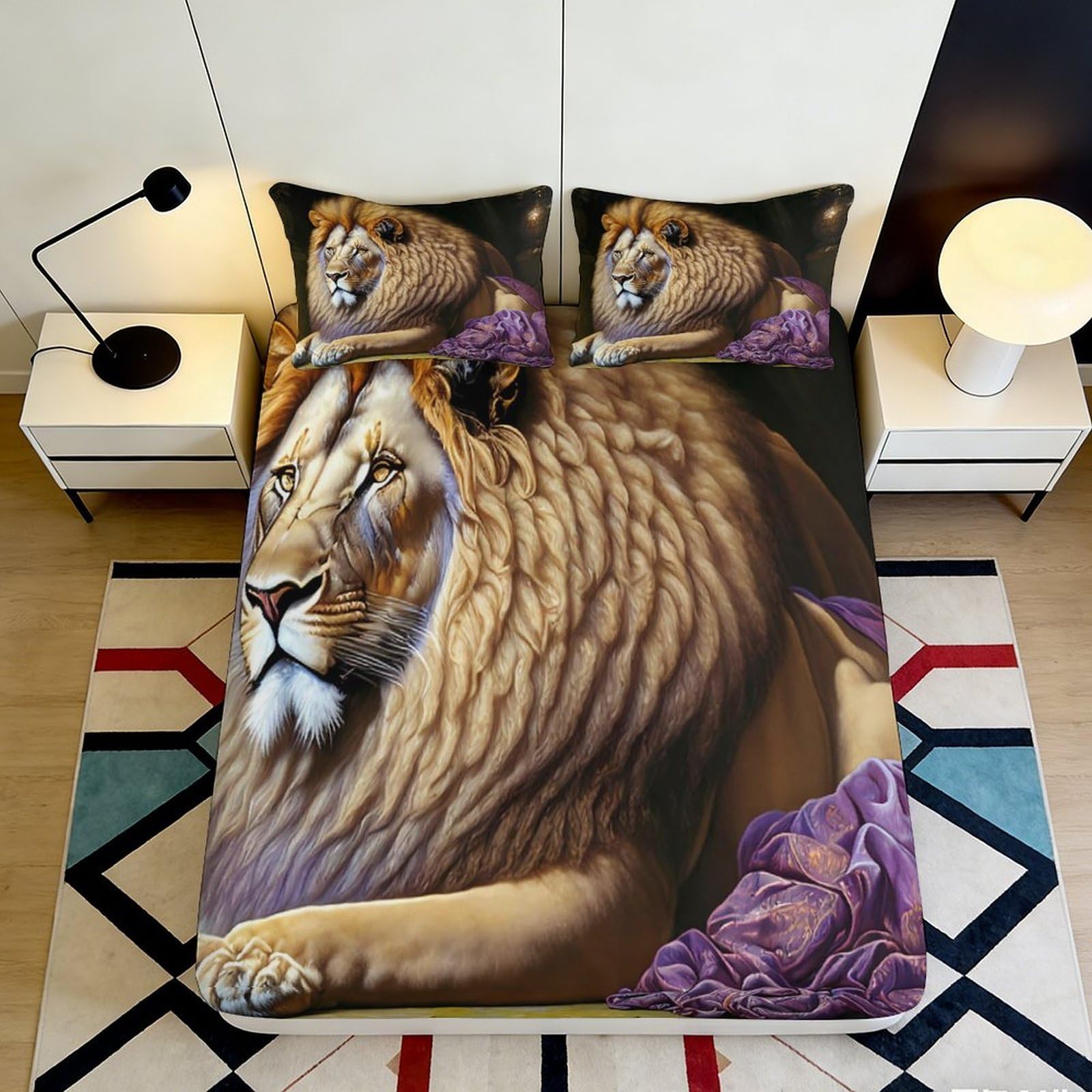 3D Printed Majestic Lion Fitted Sheet Microfiber Soft Anti-Slip African Wildlife Mattress Cover for Bedroom Dorm Decor 160x200x25cm