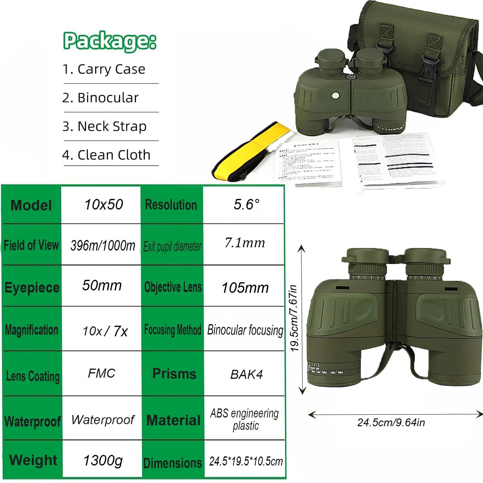 Fernglas mit Kompass, wasserdicht, hohe Vergrößerung, High-Definition-Entfernungsmesser, Nachtsicht, ideal für Outdoor-Aktivitäten, Bootfahren, Angeln und Segeln (Armeegrün, 7 x 50)