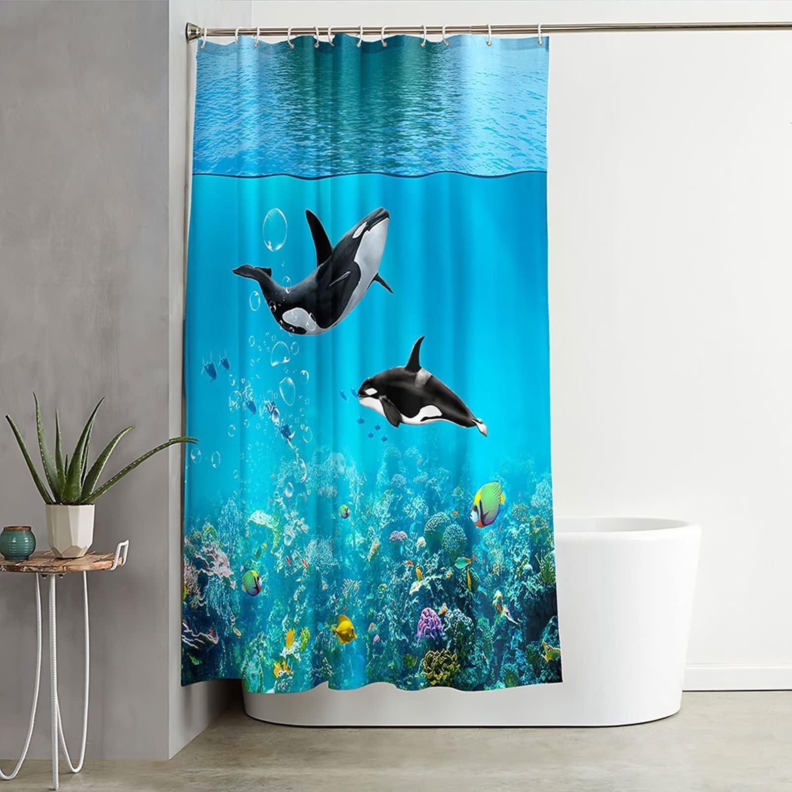 Cortina de ducha XL, moderna subacuática, color azul y negro, poliéster, 72 x 80 pulgadas