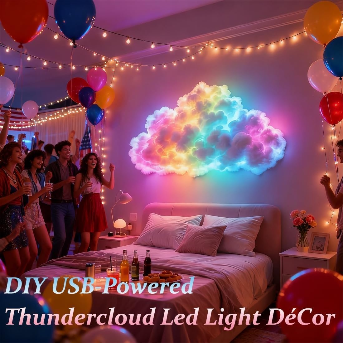Lampa LED 3D Thunder Cloud – zasilanie USB, aktywowane głosem, wielokolorowe efekty do sypialni i pokoju gier, dekoracja