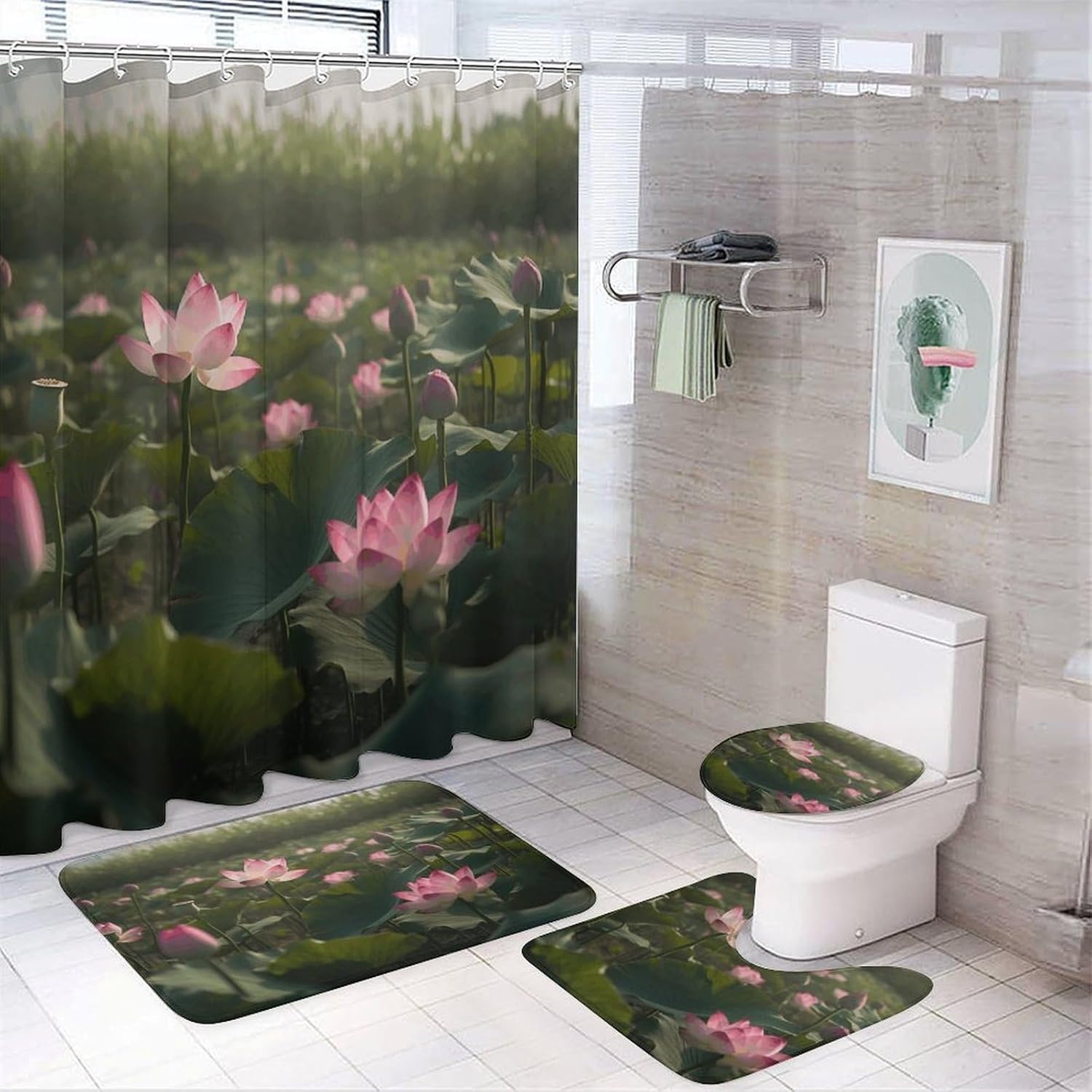 Flower in Water Images 4Pcs Shower Curtain Set with Non-Slip Rugs, Toilet Lid Cover and Bath Mat,Bathroom Set Decor Accessories,Curtain Set with 12 Hooks, 72 X 72 Inch
