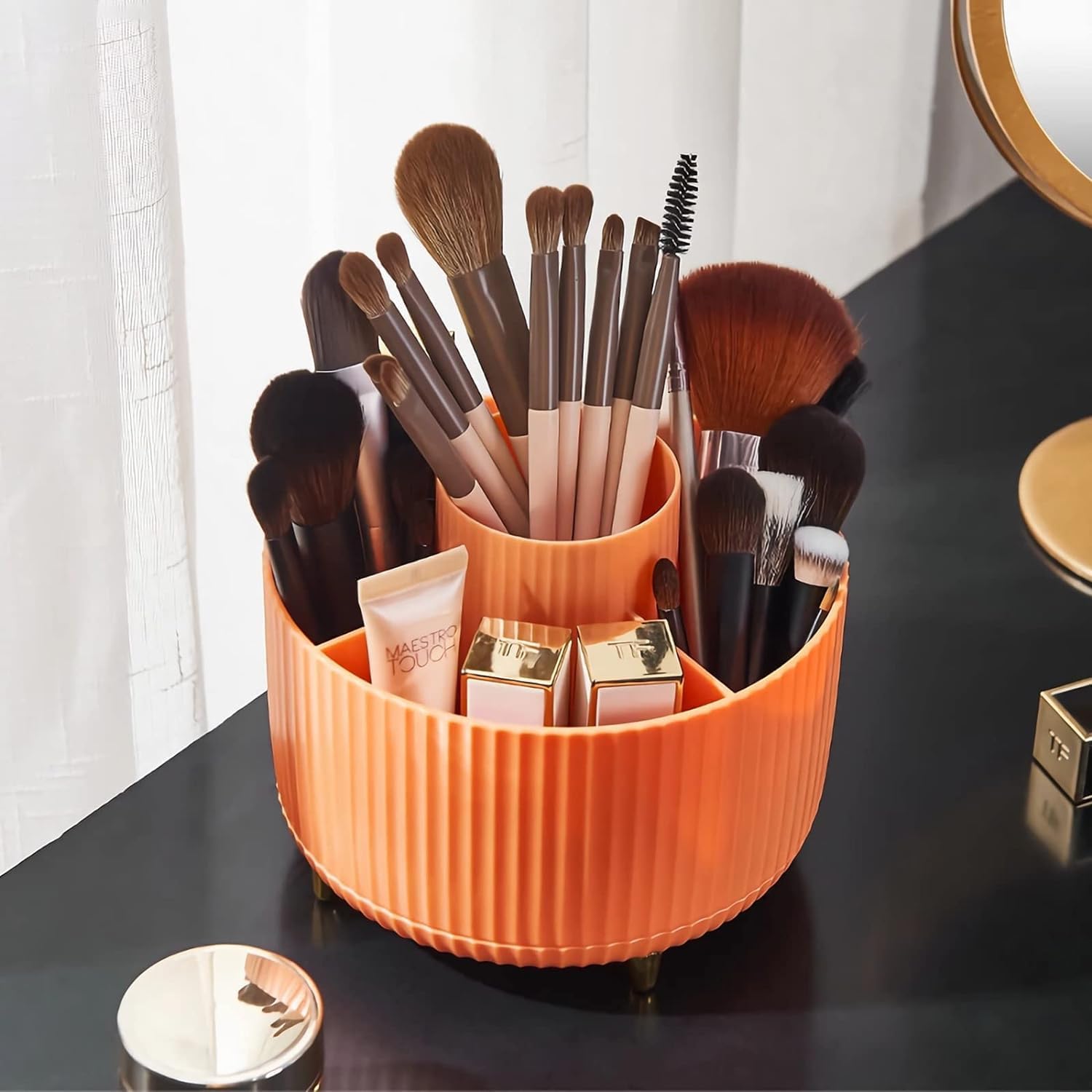 RABBONIX 360° Rotating Makeup Brush Holder Organizer | Makeup Organizers Countertop | Makeup organization Skincare Storage for Vanity, Desktop, Bathroom | Orange, Pack of 01