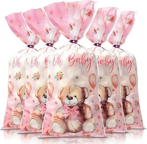 Miniatura 7 de Paquete de 100 bolsas de regalo de oso para baby shower oso de peluche azul celofán bolsas de plástico para regalo con 100 lazos metálicos