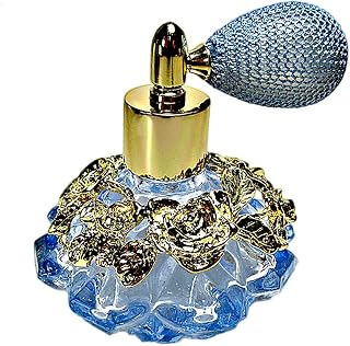 Vintage Blue Crystal Perfume Bottle With Gold Pewter Floral Decor And Blue Bulb Spray Mounting.