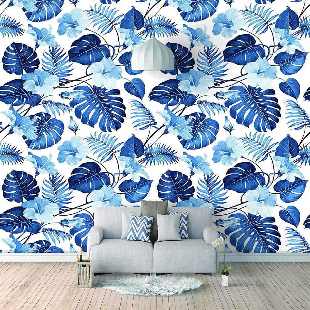 Papier peint toile panoramique 3D plantes tropicales bleues DIY