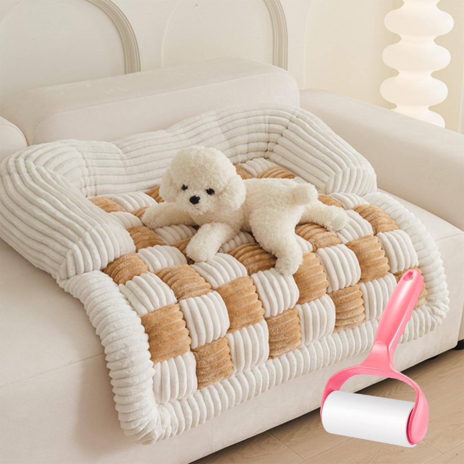 KPFTD Funny Calming Dog Sofa Bed Mat,Fluffy Fuzzy Calming Dog Bed Sofa Protector Pet Mat,Couch Cover Funny Fuzzy,Funny Fuzzy Pet Couch Covers For Sofa (90 * 90 cm(35.4 * 35.4 IN),Light Brown)