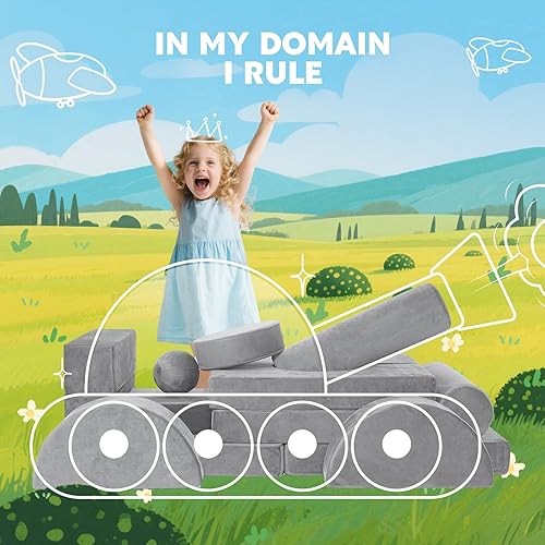 Miniatura 5 de Sofá modular de juego para niños, 13 piezas, sofá de espuma de alta densidad, muebles de sala de juegos convertibles con funda de terciopelo suave