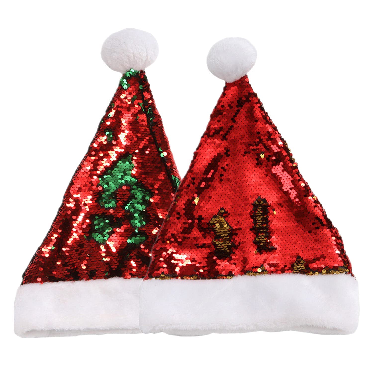 Y-KINZ Luxury Santa Hat for Adults, Women, Men, Teens & Kids-Double-Sided Reversible Sequin Christmas Cap in Red & Green & Gold-Festive Claus Hat for Xmas & New Year Party Supplies-15.75"x11.8"-2 Pack