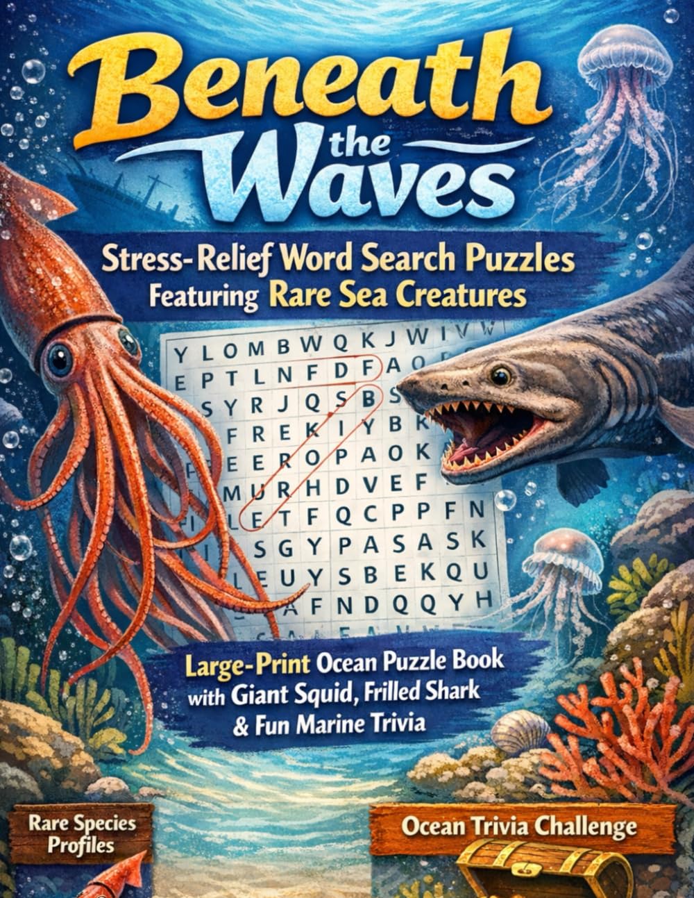 Beneath the Waves: Stress-Relief Word Search Puzzles Featuring Rare Sea Creatures: Large-Print Ocean Puzzle Book with Giant Squid, Frilled Shark & Fun Marine Trivia
