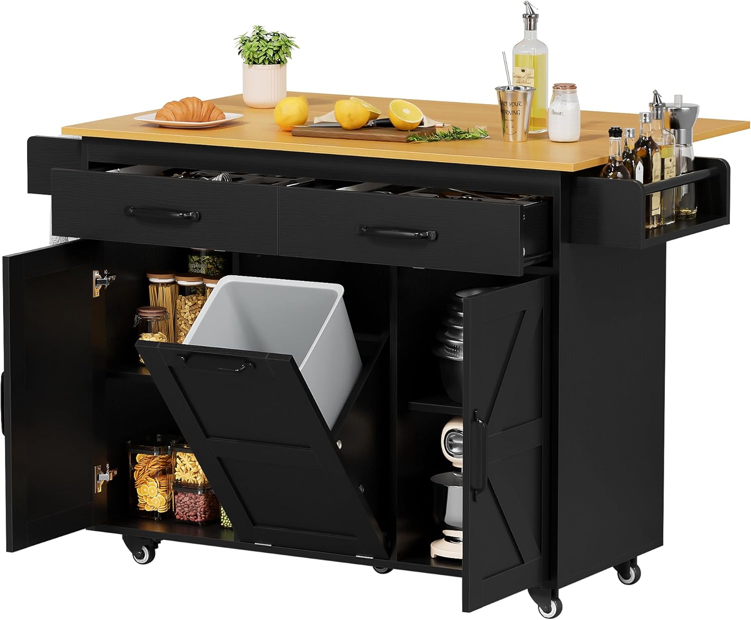 JUMMICO Rolling Kitchen Island with Drop Leaf, Mobile Cart on Wheels with Hidden Trash Can Cabinet and 2 Drawers, 56’’ Kitchen Storage Island with Spice Rack & Towel Rack for Dining Room, Black
