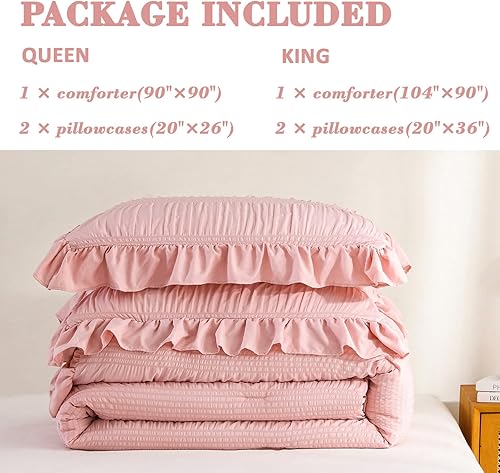 Miniatura 7 de ALEISSEL - Juego de edredón rosa claro de tamaño Queen con diseño de seersucker y bordes rizados, juego de ropa de cama rosa ultrasuave de tamaño