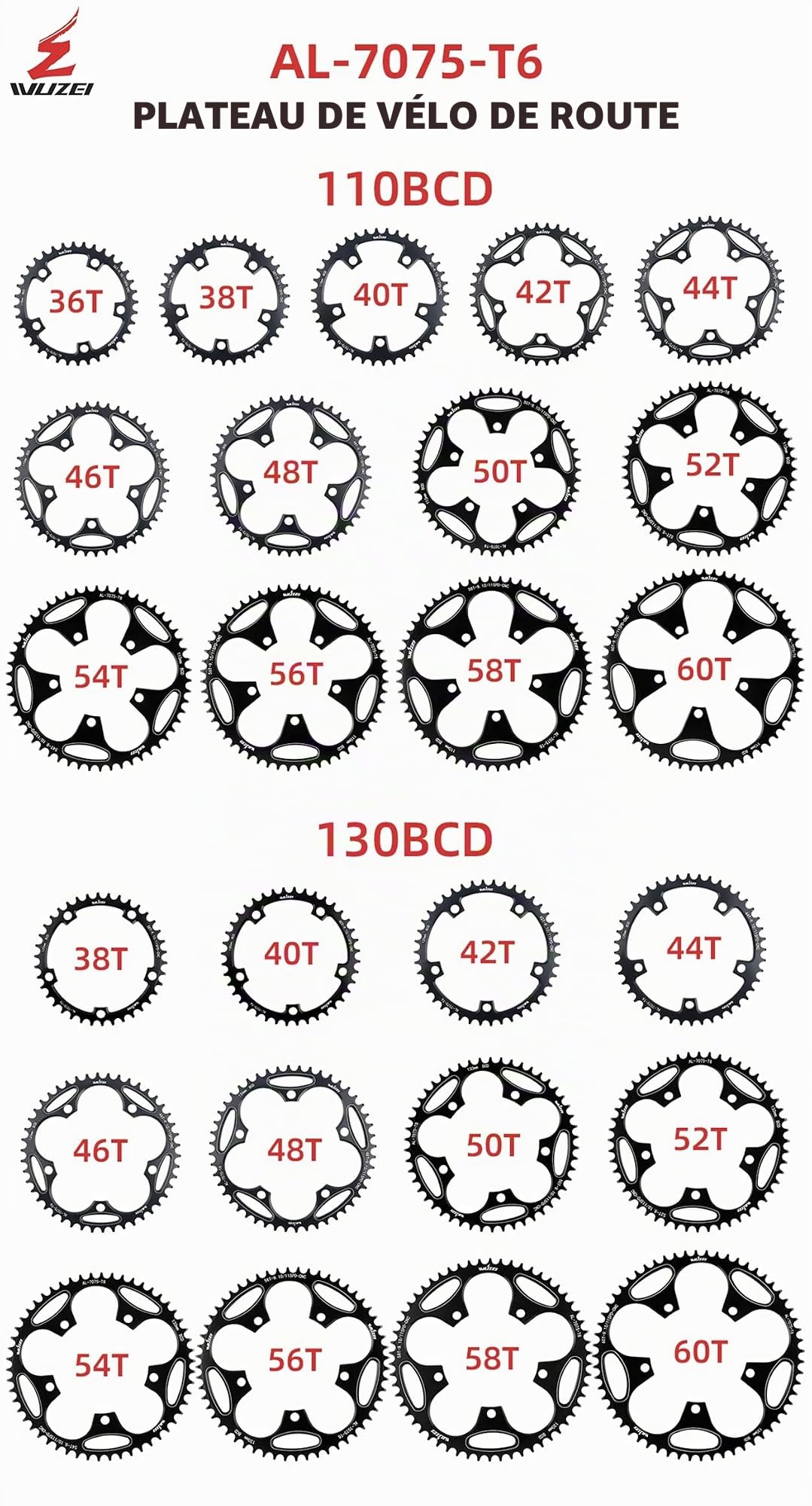 BIKECO Plateau large et étroit pour vélo 110/130BCD 5 vis Plateau rond 36/38/40/42/44/46/48/50/52/54/56/58/60T pour vélo de course VTT 9, 10, 11 vitesses