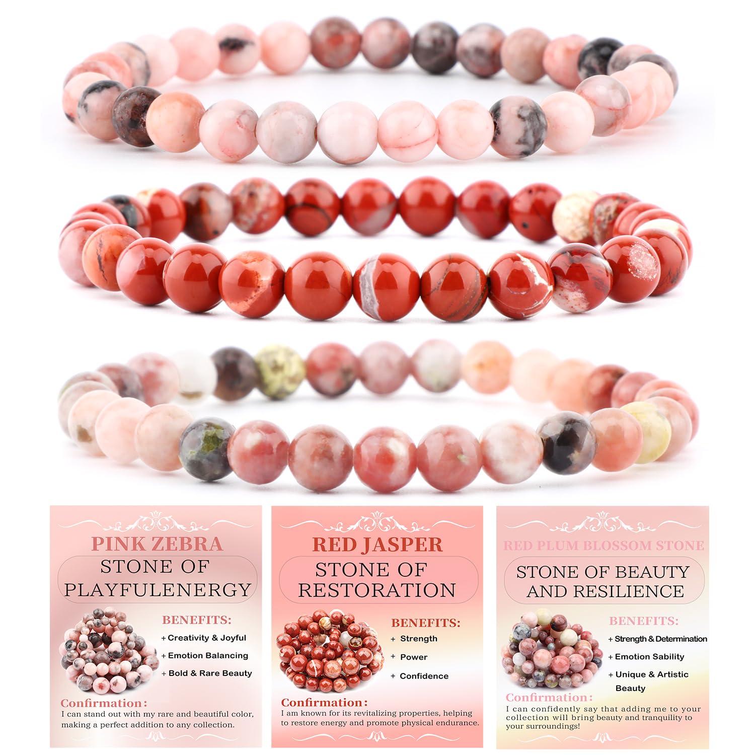 NCB Natural Gemstone Stretch Bracelets (6mm Beads, 3-Pack) | Reiki Energy Healing Jewelry for Meditation, Yoga - main product image