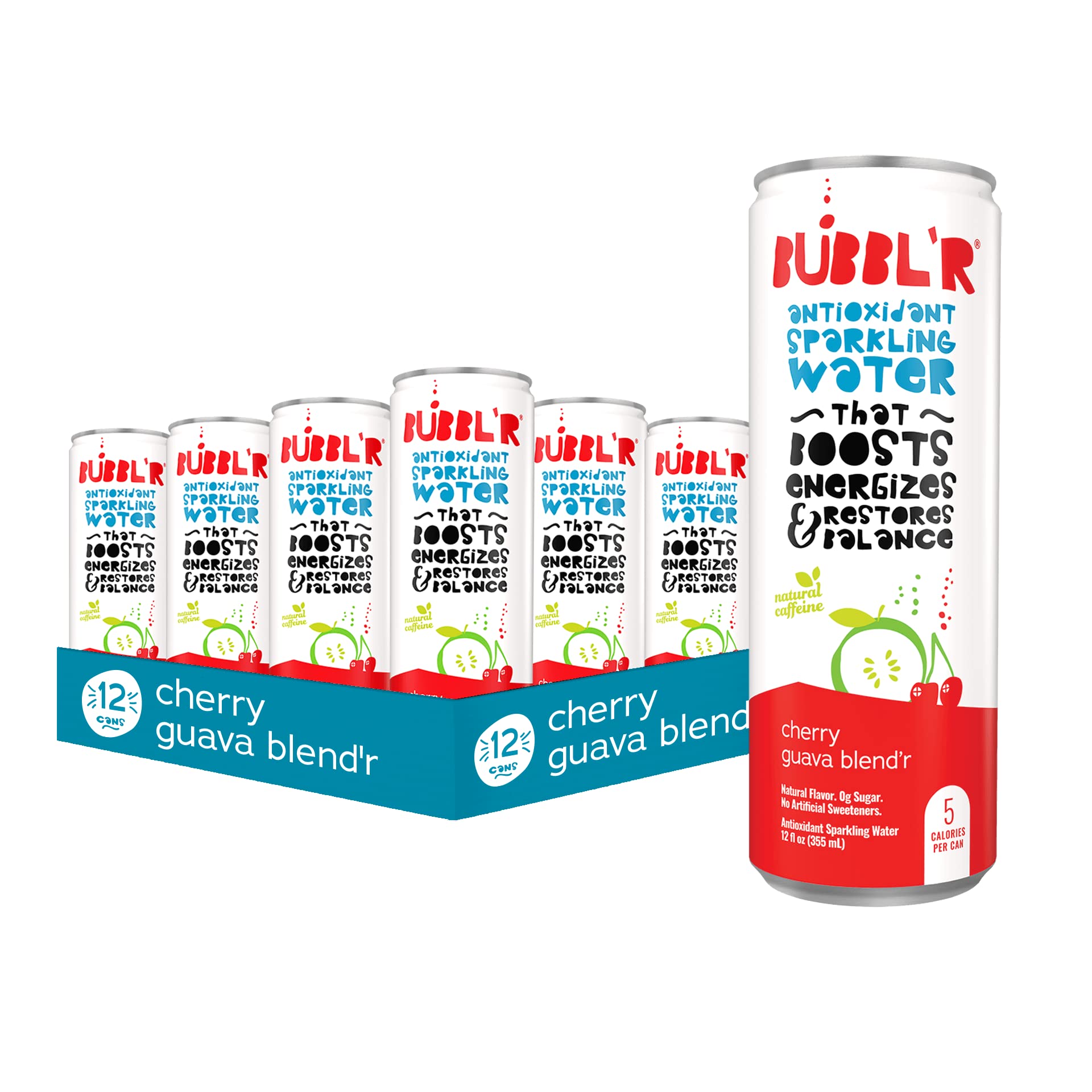 BUBBL'R cherry guava blend'r, Antioxidant Sparkling Water with Natural Caffeine, 0g Sugar, Gluten Free, All Natural Flavors, 12 Fl Oz Cans, 12 Count