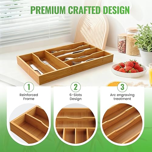 Miniatura 6 de Organizador de cubiertos de bambú, organizador de cubiertos de bambú para cajones de cocina, soporte para utensilios, bandeja organizadora de