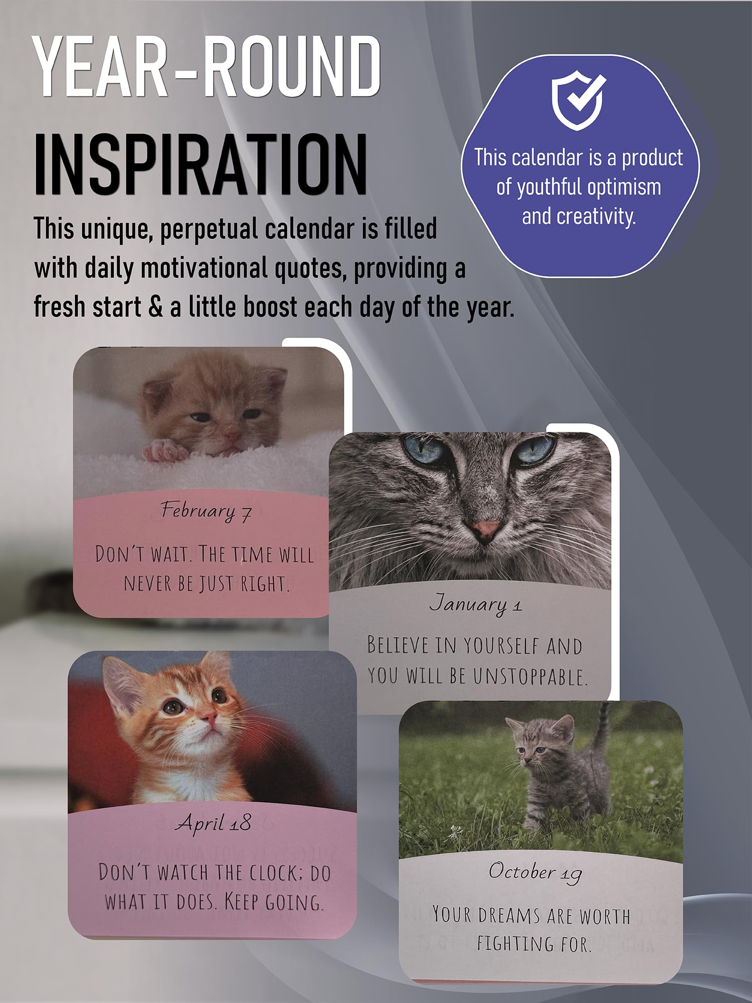 Calendario motivazionale giornaliero con gatti - 365 citazioni riutilizzabili e adorabili foto di gatti per positività tutto l'anno - Calendario da scrivania per amanti dei gatti, appassionati di