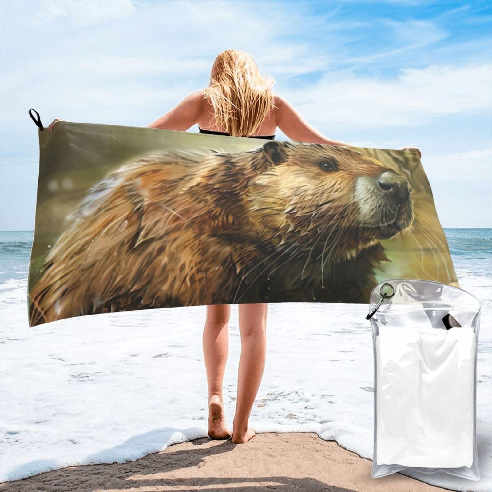 JBJGKHLP Beaver Print Quick Dry Portable Towel For Beach Camping Hiking Yoga Fitness Outdoor Adventures