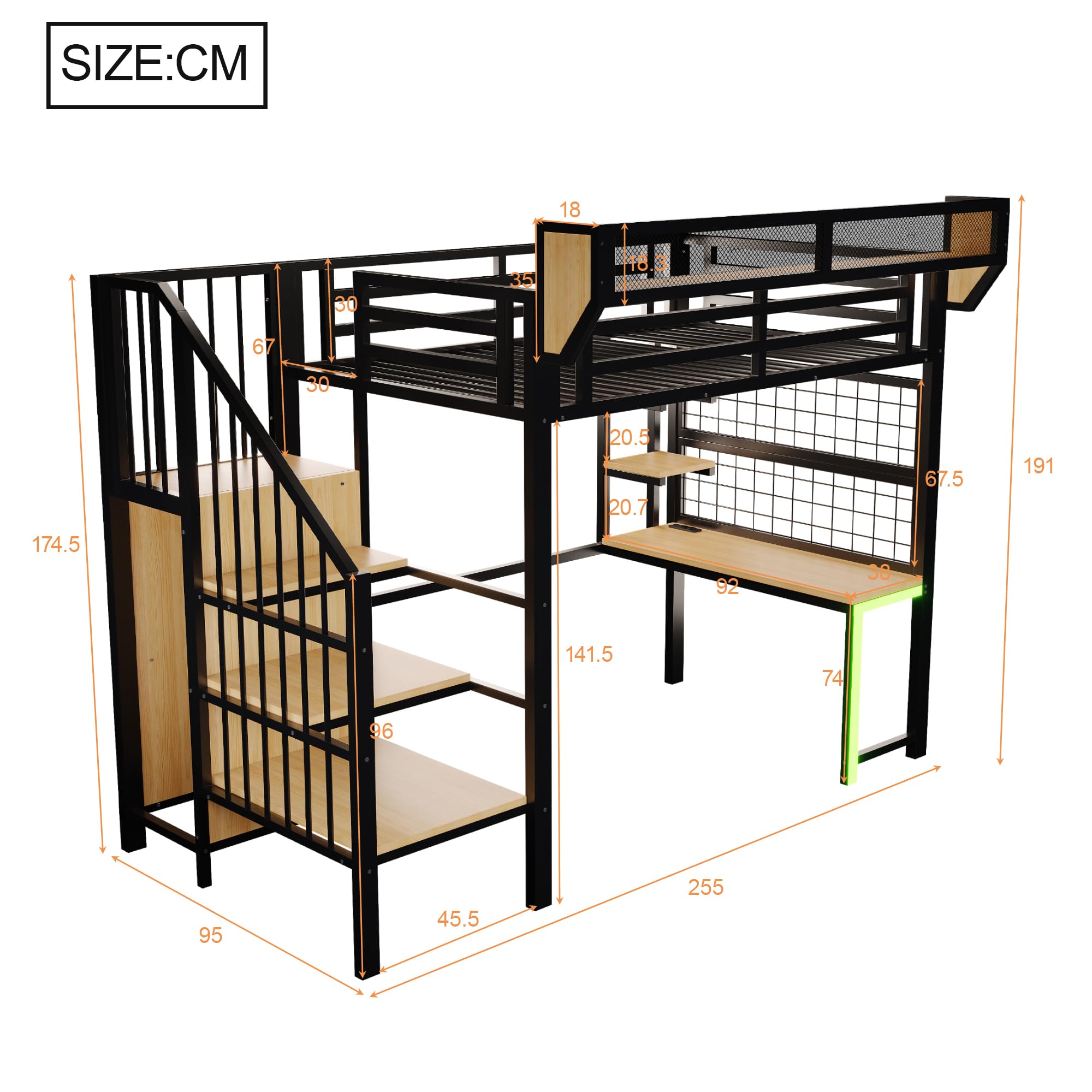 Letto a soppalco in metallo, 90 x 200 cm, con scrivania, mensola, letto per ragazzi con scala di stoccaggio, LED e presa, multifunzionale, per bambini e ragazzi, senza materasso (nero, 90 x 200