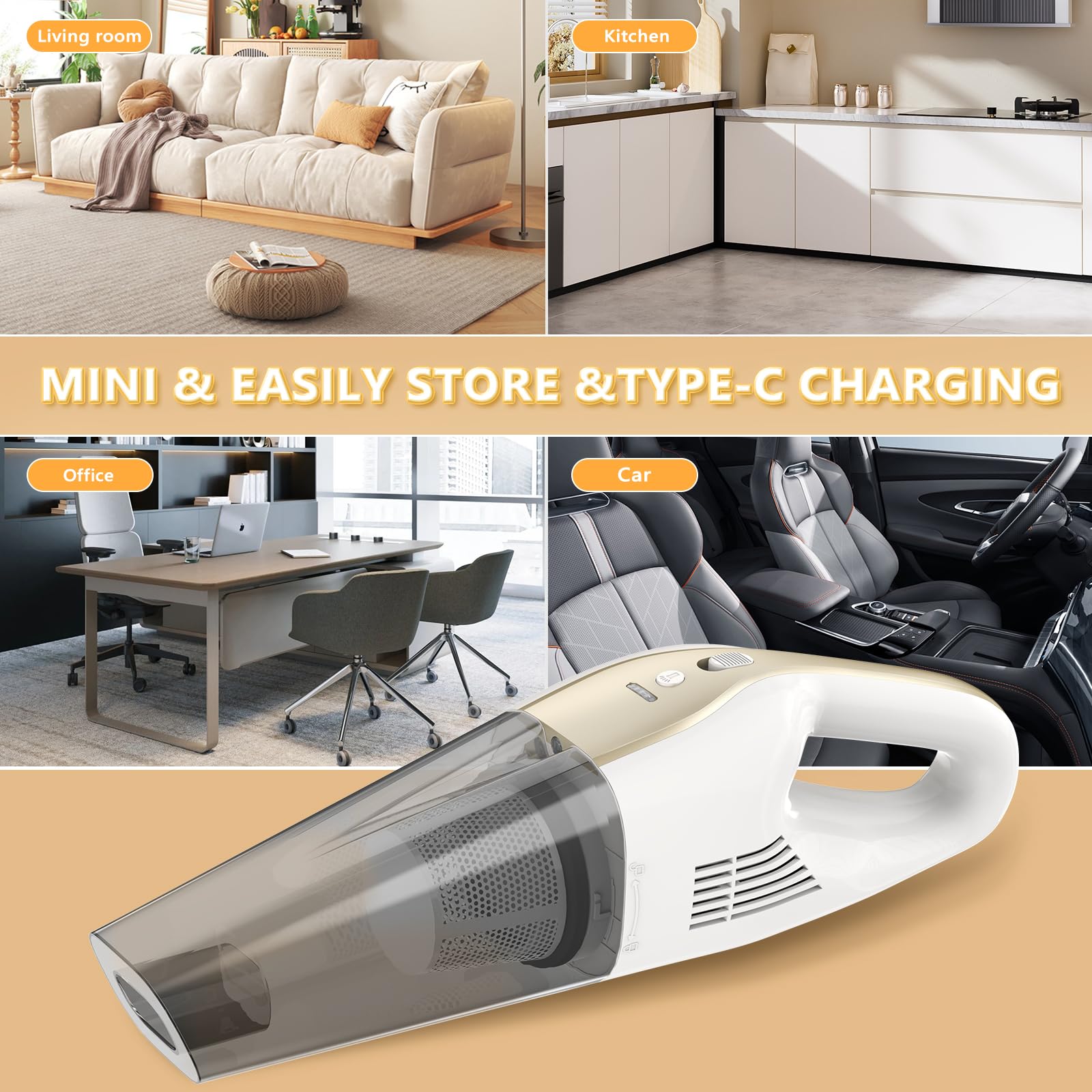 Aspirapolvere portatile senza fili 9500Pa con batteria 6000mAh e filtro HEPA lavabile, secco/umido per auto, peli animali e materassi, luce LED, autonomia fino a 30 min