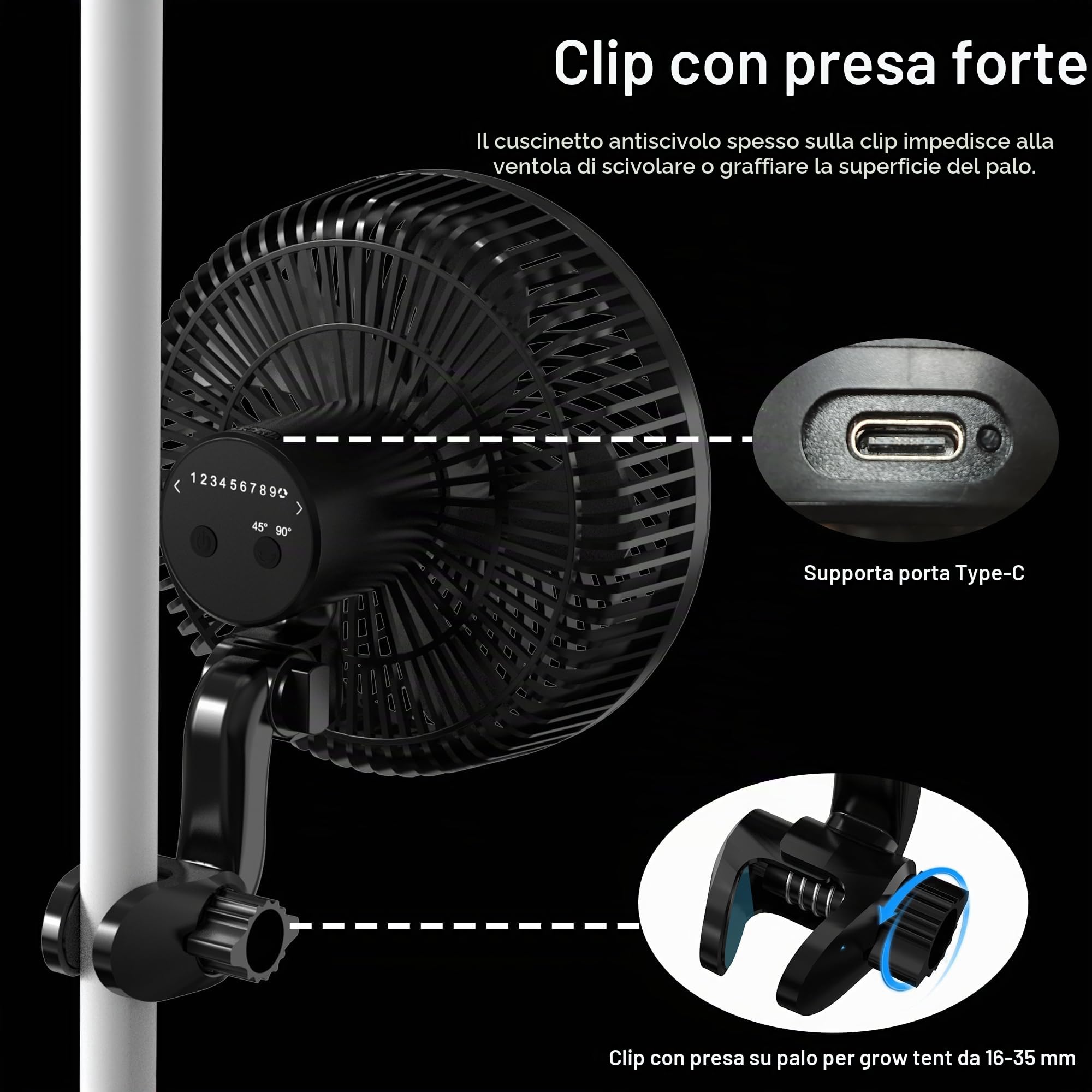 Aygrochy Ventilatore per coltivazione da 9 W con clip, motore EC con 10 velocità, grado di protezione IP-44, ventola a clip per tenda, ventola silenziosa per ricircolo e raffreddamento in interni