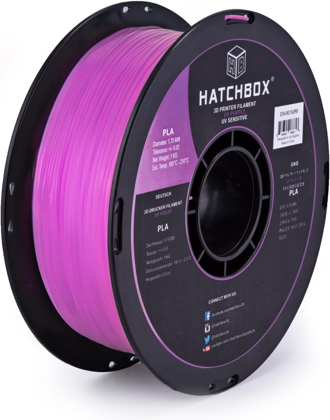 HATCHBOX 3D PLA-1KG1.75-UVPUR UV Color Changing PLA 3D Printer Filament, Dimensional Accuracy +/- 0.03 mm, 1 kg Spool, 1.75 mm, Purple