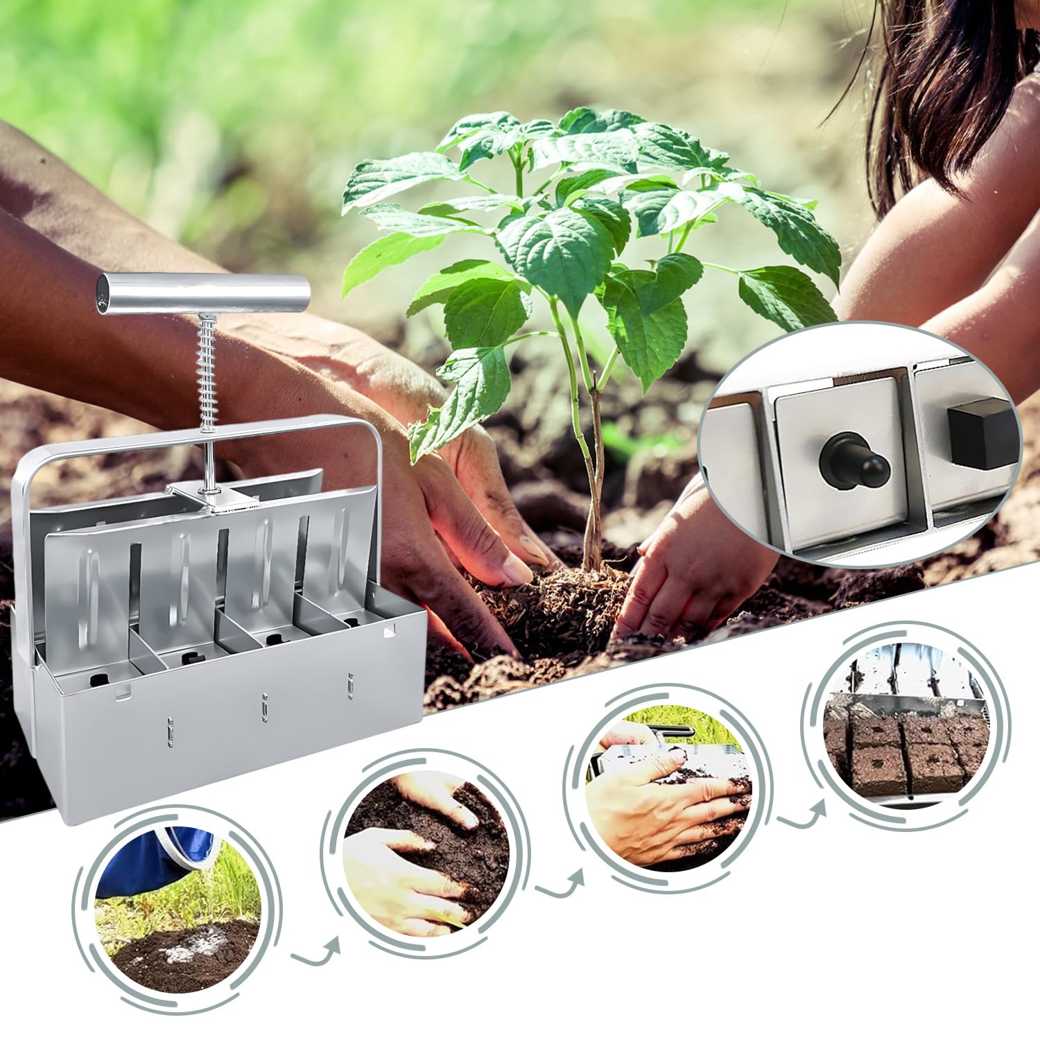 Spremiagrumi Manuale, 2in Bloccante per Terreno, Mano Soil Blocker, Pressa per Trapianto, Strumento di Blocco del Terreno con Aghi per Semi, Pressa per Piante, Serra (Argento)