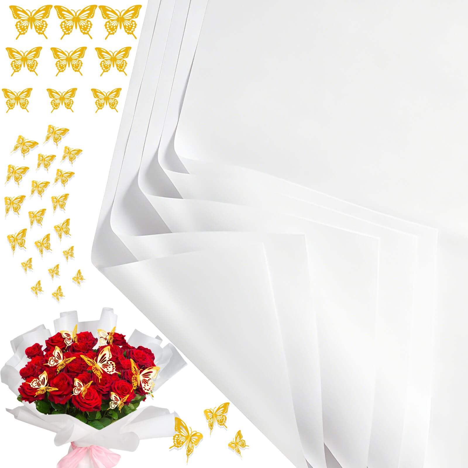 cridoz 20 Sheets Flower Bouquet Wrapping Paper with 12 Pieces Gold Butterfly Decorations for Flower Bouquets, Misty White