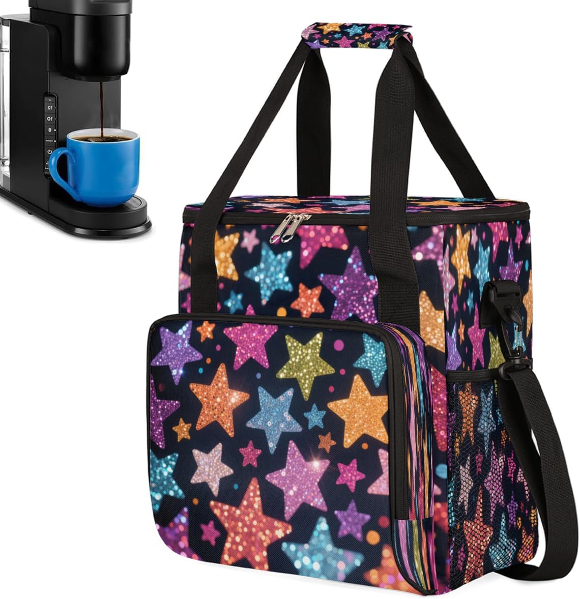 Glitter Stars Portable Coffee Maker Carrying Bag Compatible with Keurig K-Mini or K-Mini Plus - Travel Storage Tote with K-Cup Pod Pockets for Single Serve Coffee Brewer