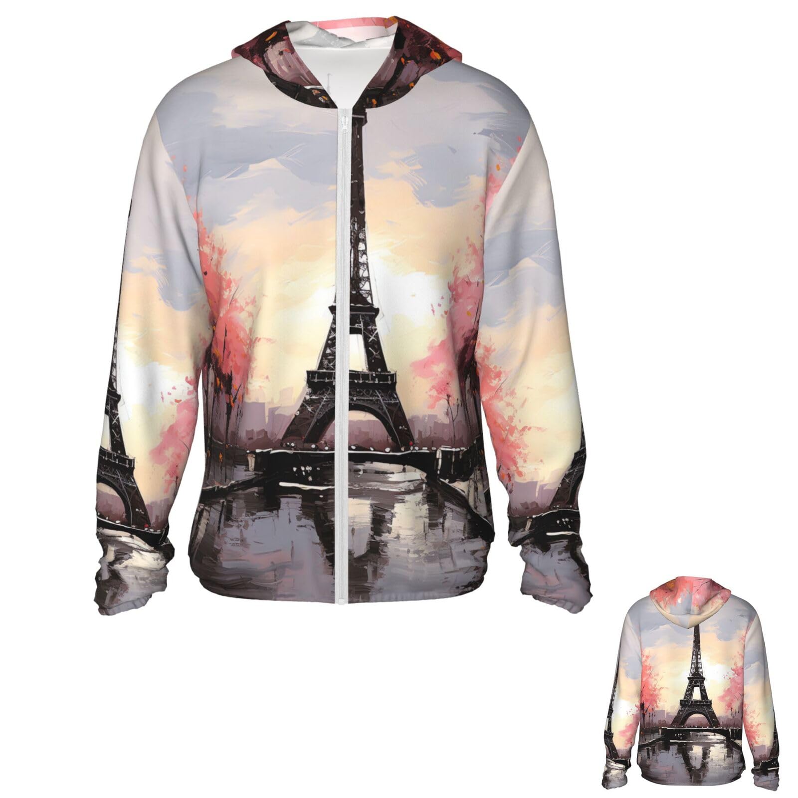 NONHAI Men's Sun Protection Jacket UPF 50+ Full Zipper Long Sleeve UV Hoodie Shirt Oil Painting Paris Women's Outdoor Jacket Black