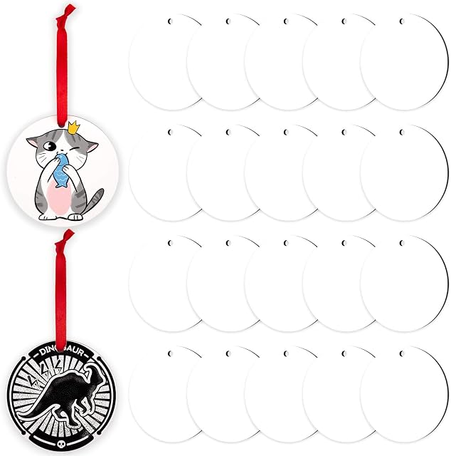 SAVITA 20Pcs Sublimation Blank Pendants, MDF Personalized Sublimation Pendant Round Blank Discs Halloween Christmas Ornaments DIY Decoration Supplies