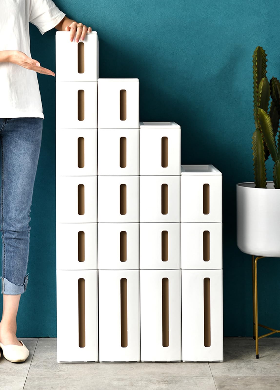 Cassettiera verticale stretta a 5 livelli con ruote e cassetti, sottile nizer da bagno per piccoli spazi, soluzione salvaspazio a torre