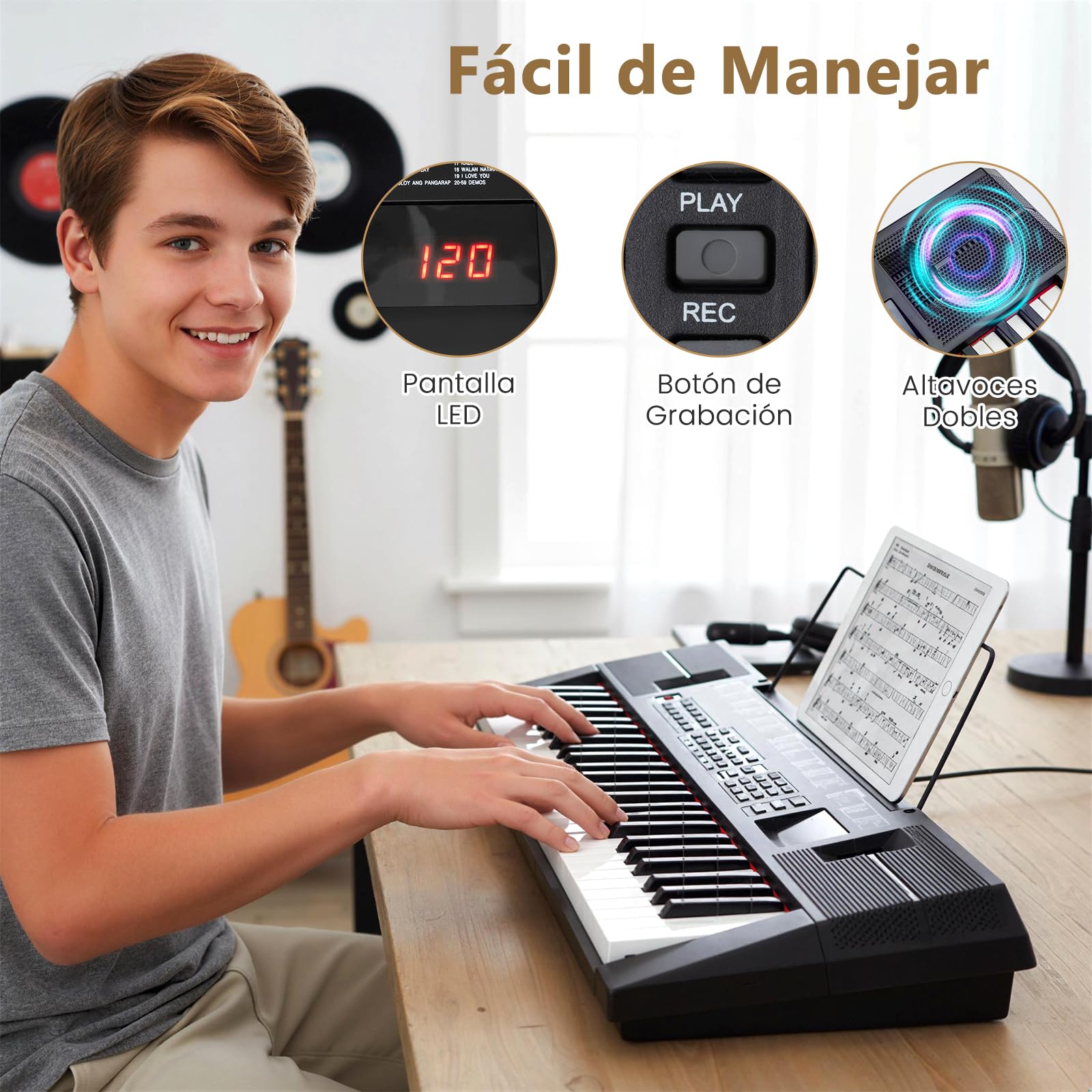 COSTWAY Piano Electrico, Teclado de Piano de 54 Teclas Multifunción para Principiantes, Kit de Teclado Eléctrico con 200 Ritmos y 200 Tonos, 60 Demostraciones, Atril, Instrumento para Niños y Adultos