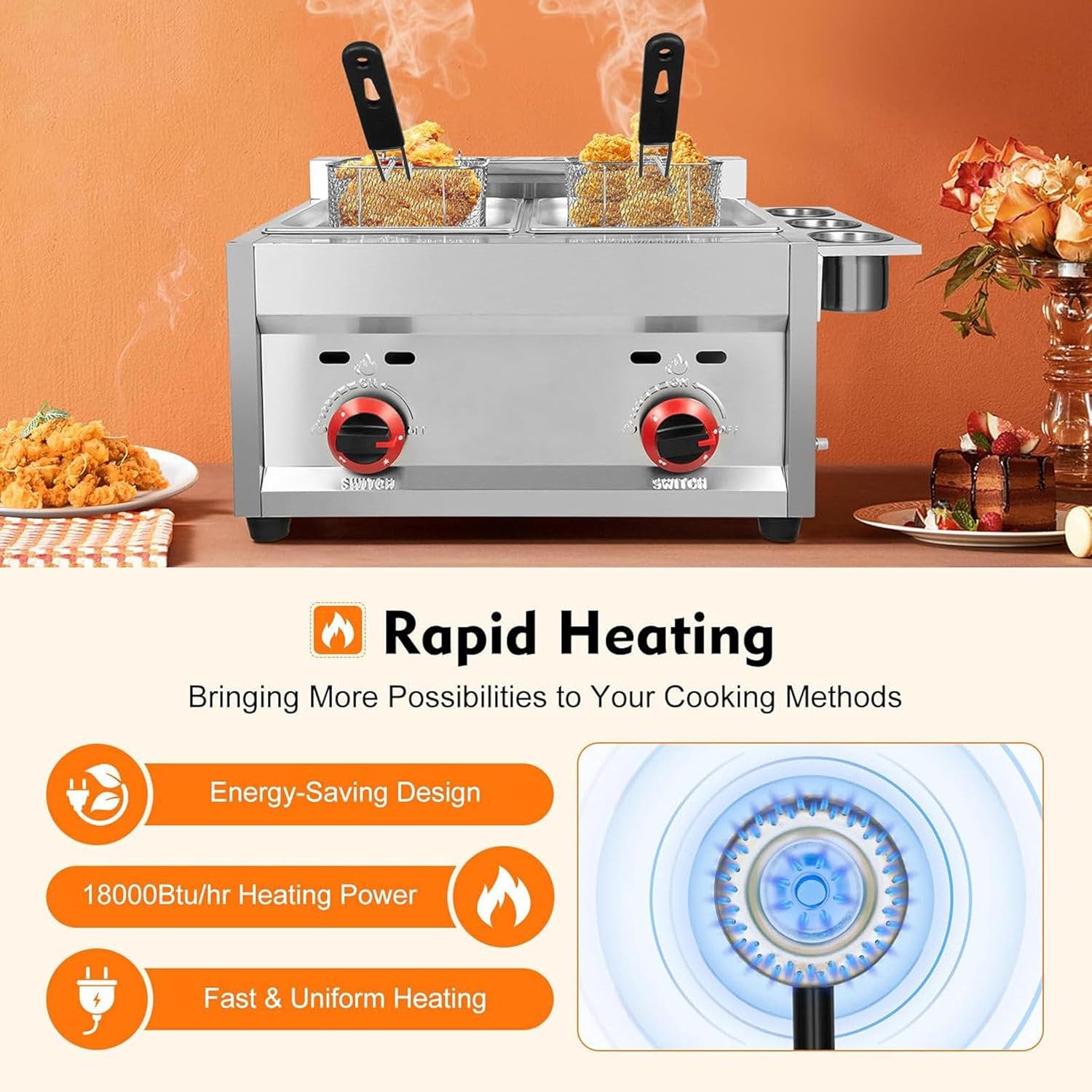 Commercial Gas Deep Fryer - Stainless Steel LPG Fryer with 2 Removable Baskets & Lids, Adjustable Firepower, Easy Clean, Ideal for Home, Restaurant, Snack Bar & Catering