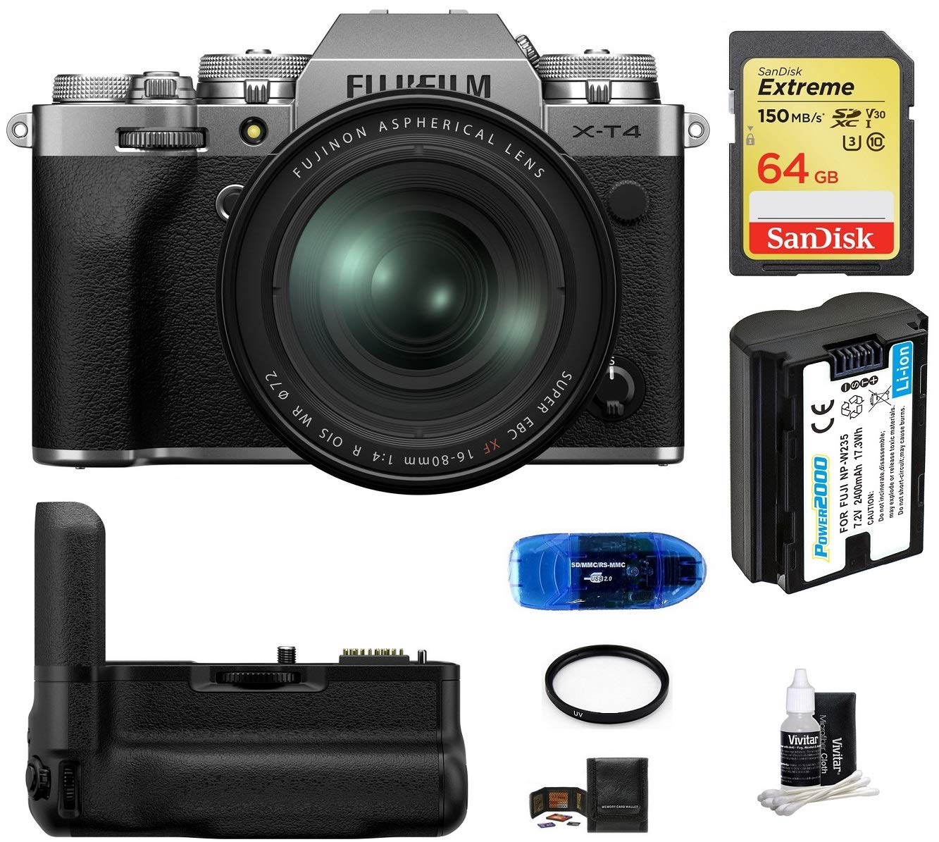 Fujifilm X-T4 Mirrorless Digital Camera with XF 16-80mm f/4 R OIS WR Lens (Silver) Bundle, Includes: SanDisk 64GB Extreme SDXC Memory Card, Fujifilm VG-XT4 Battery Grip and More (8 Items)