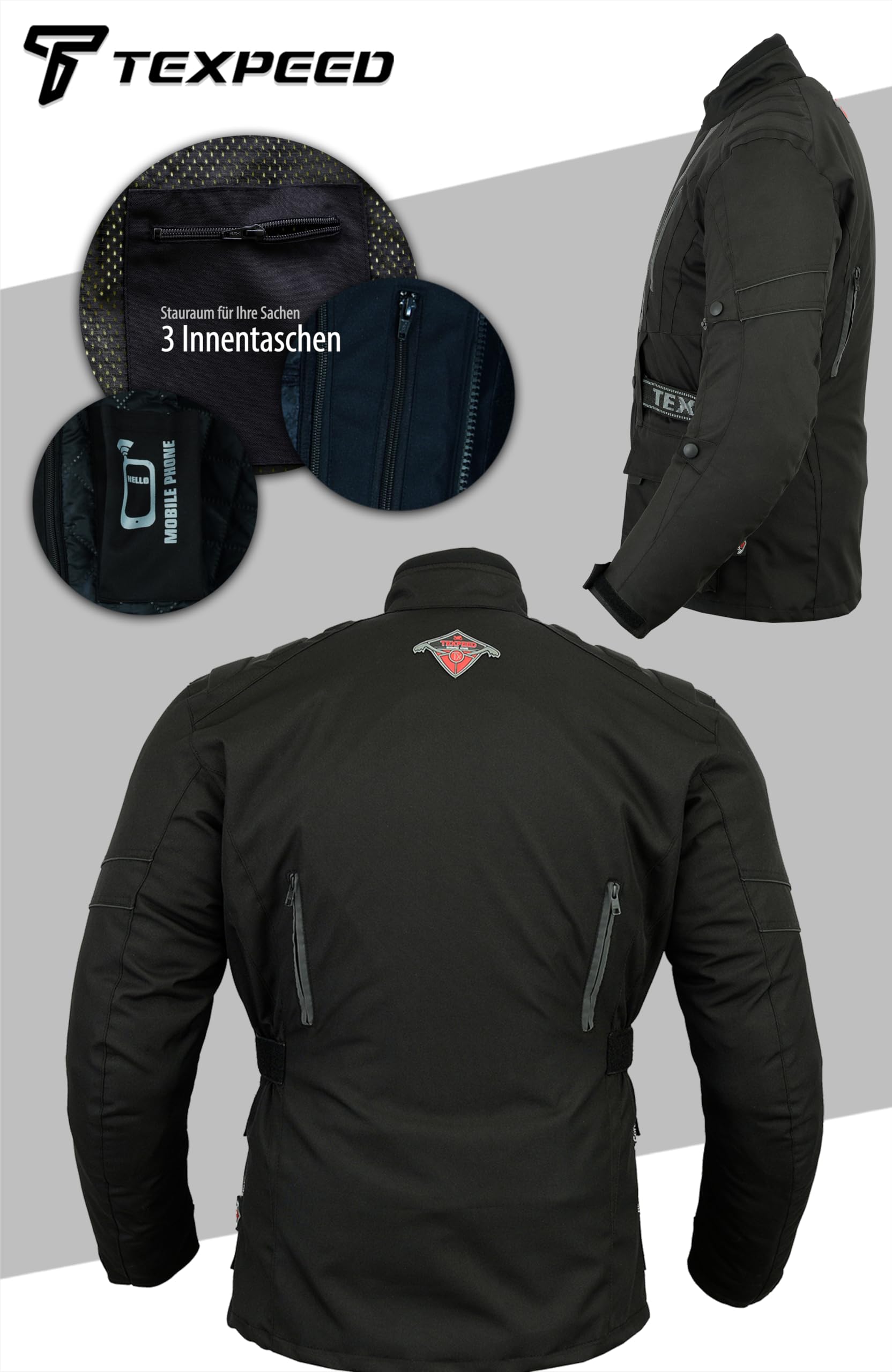 Texpeed Motorradjacke herren mit protektoren - Motorrad Biker Wasserdicht Jacke Mit Rüstung (EN 1621-1) Schwarz - XXL