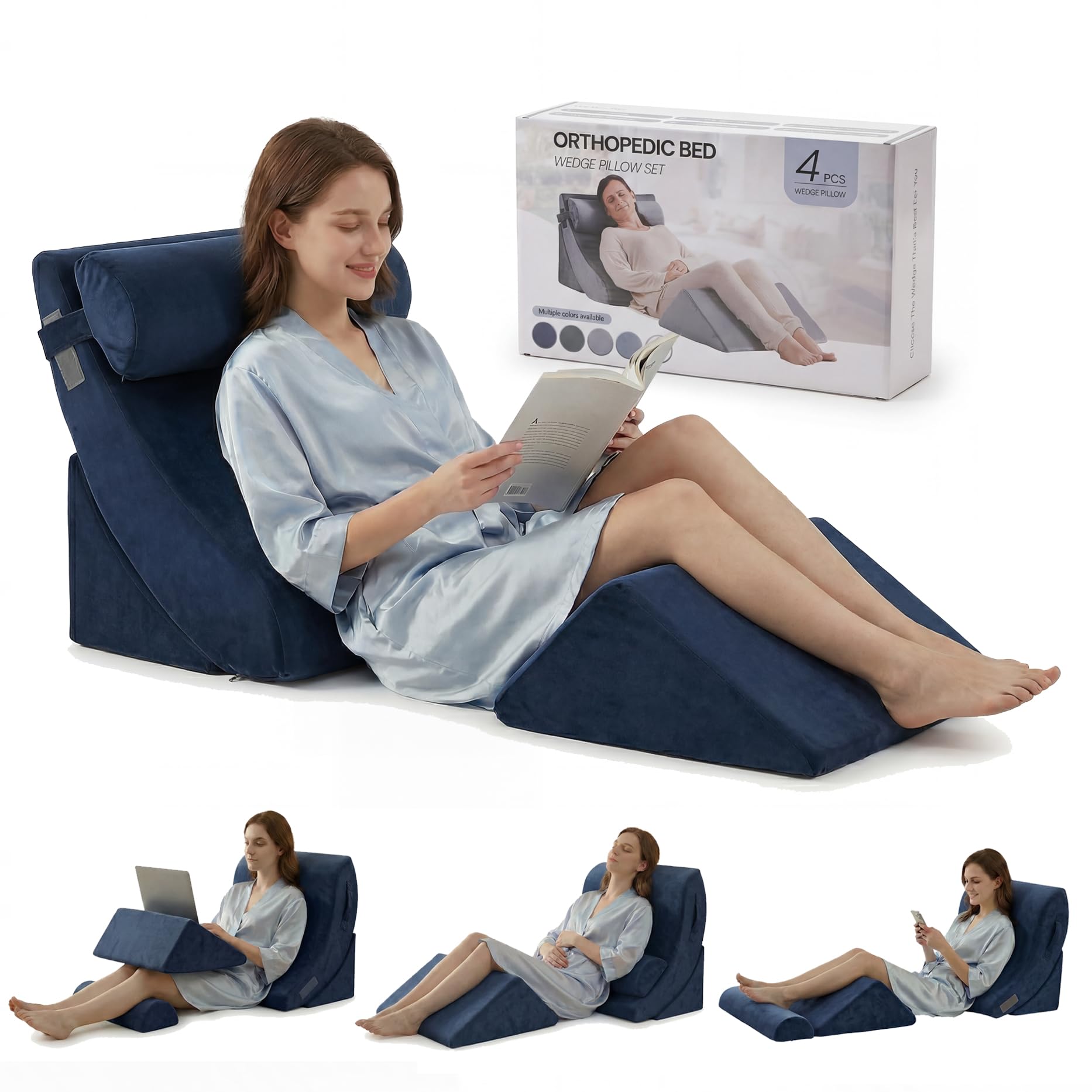 Axelrod Dark Blue 4Pcs Orthopedic Bed Wedge Pillow Set, Post Surgery Foam For Back, Neck And Leg Pain Relief Comfortable & Adjustable Pillows- Anti Snoring, Heartburn, Acid Reflux & Gerd Sleeping
