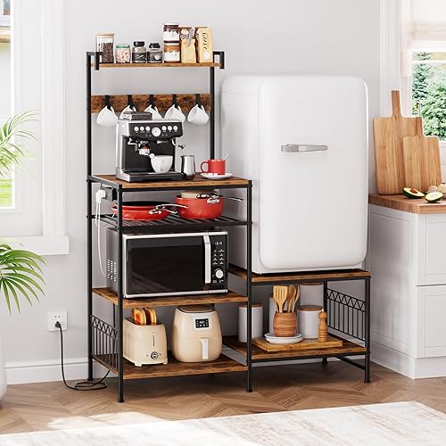 Miniatura 8 de Portin Soporte para mini nevera y cafetera de microondas, gran capacidad de almacenamiento, con toma de corriente y ganchos en S, estante para