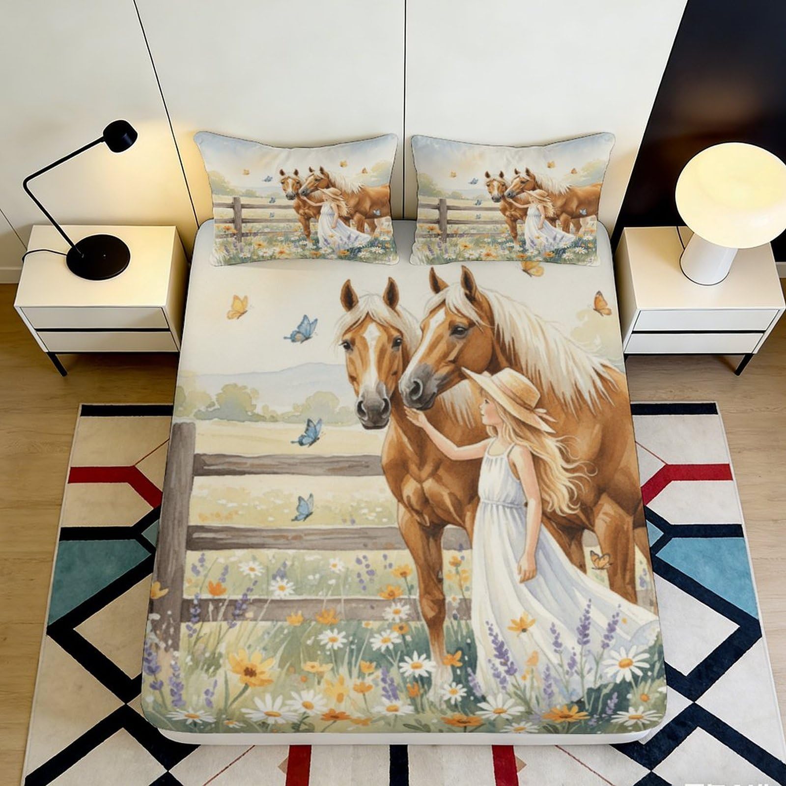 Pnayamiorkfel Girls Style-6 3D Printed Countryside Horse Fitted Sheet Microfiber Soft Washable Pastoral Mattress Cover For Bedroom Guest Room Decor 90X200x25cm