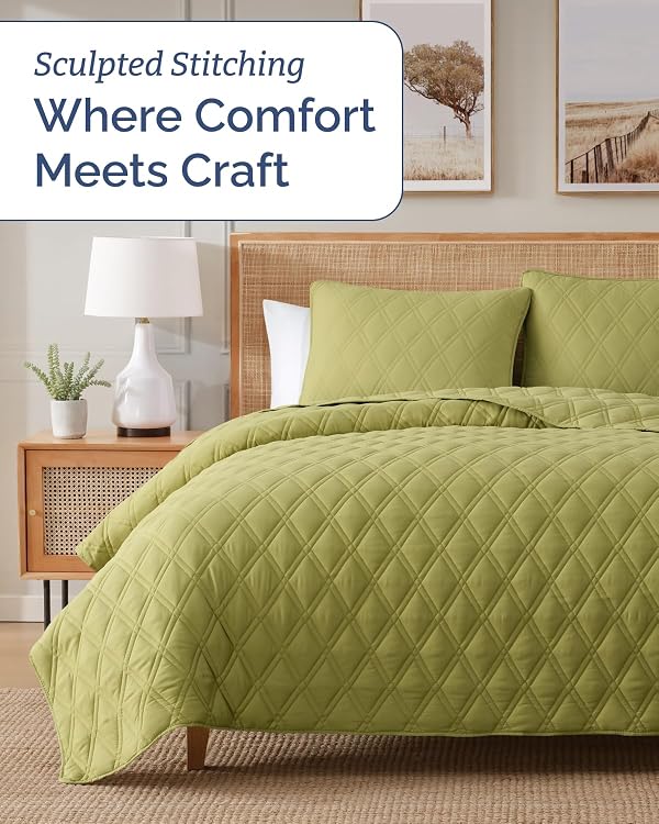 Quilt Set Cal King - Boho Set, Diamond Stitch - Olive Green, 118" x 106" by CGK Unlimited - Used condition - Image 2