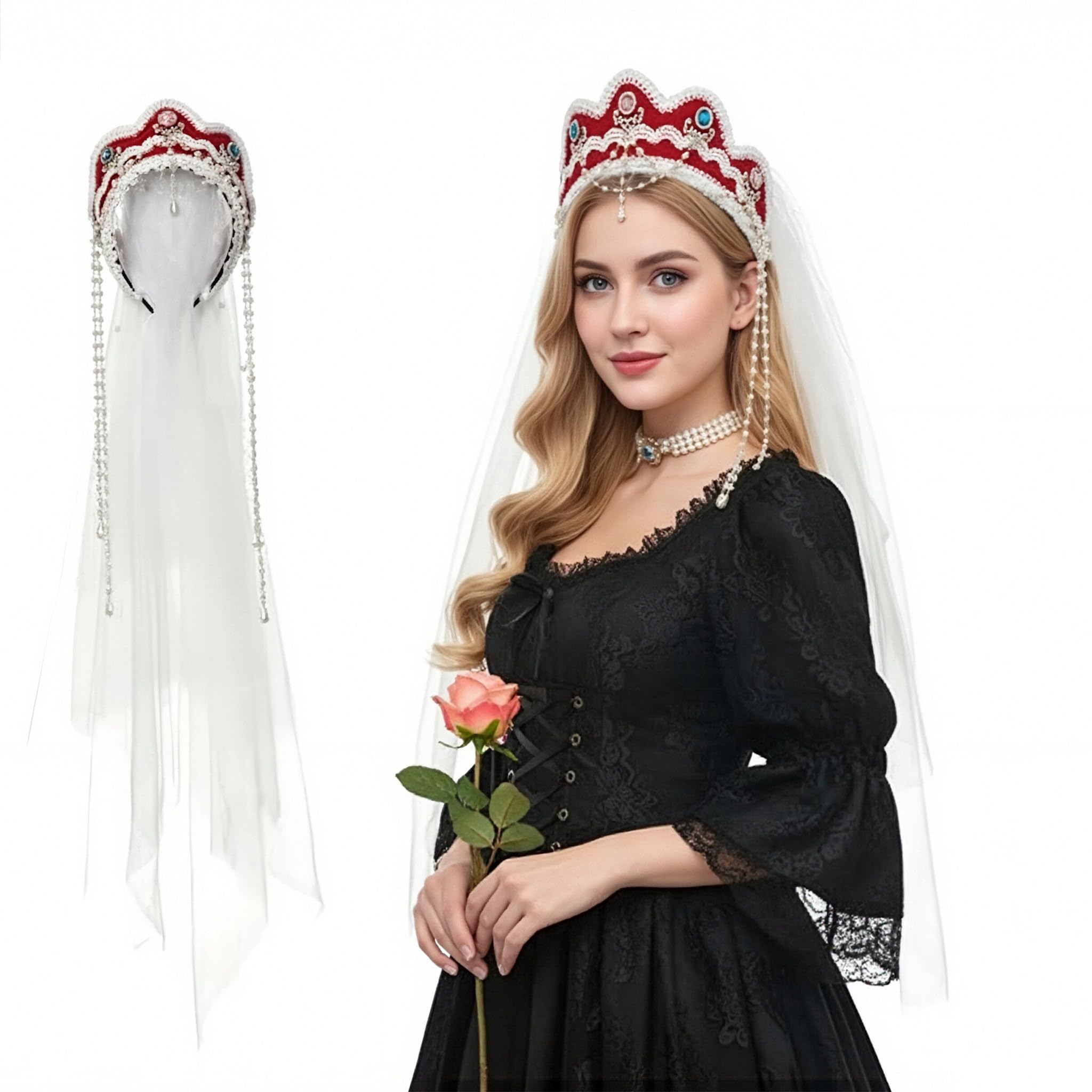 FAD-4U Anne Boleyn Hat Tudor Gable Hood Cap Elizabethan Headwear Renaissance Costume Headdress for Women Cosplay Party (Red-59