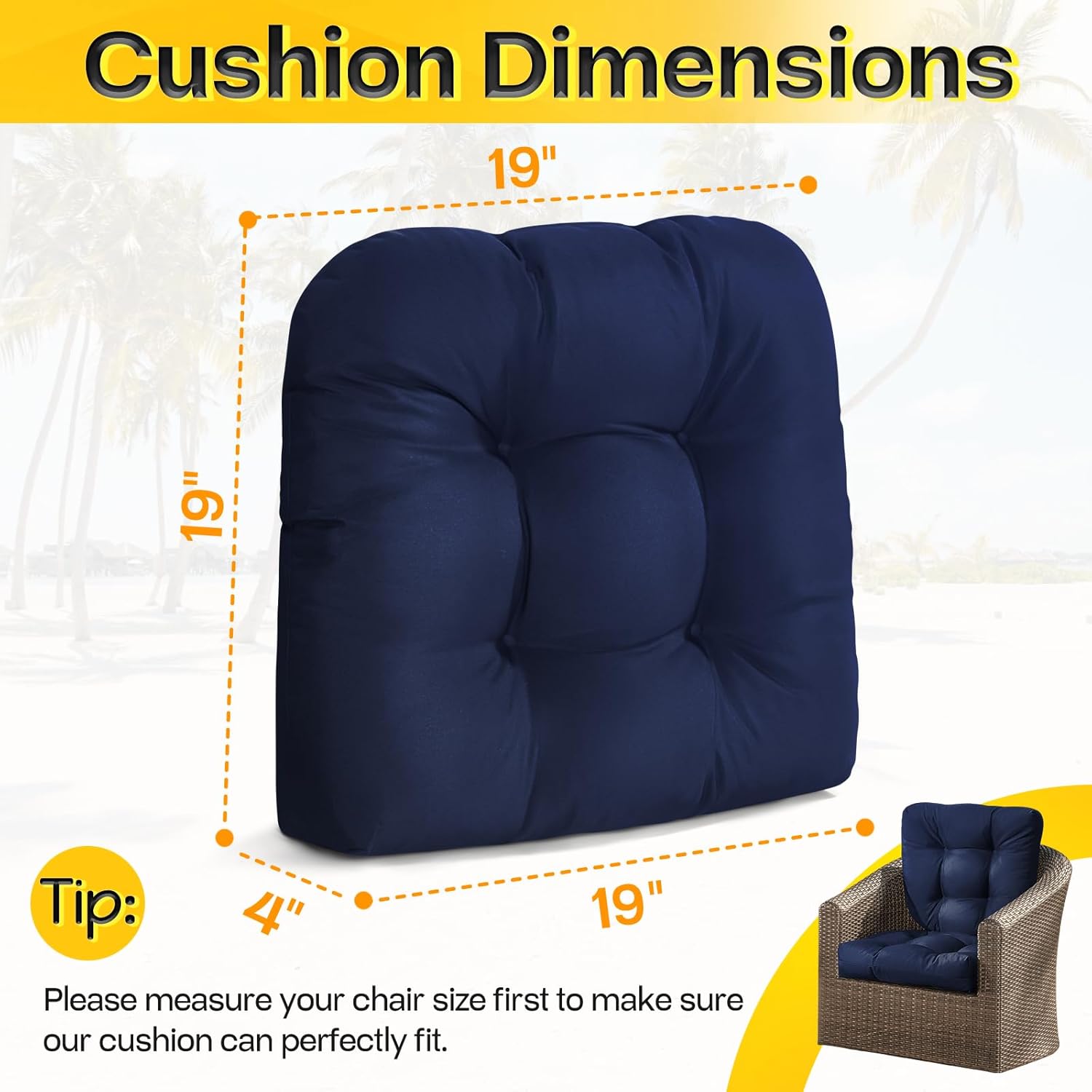MAGIC ELEPHANT Outdoor Chair Cushions Set of 2, Memory Foam Seat Cushion Pads for Wicker Chair and Patio Furniture, 19 x 19 Inches (Blue)