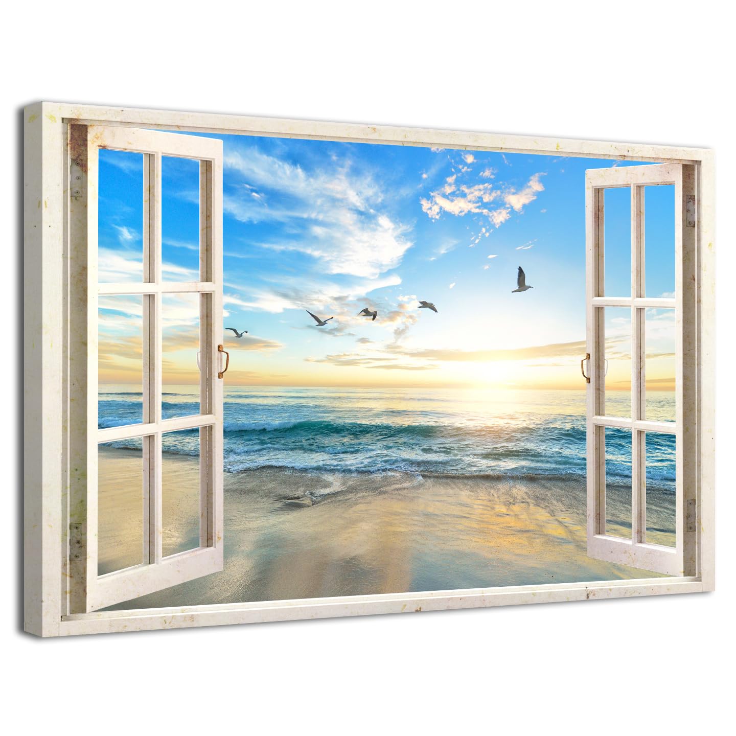 Beach Ocean Window View Canvas Wall Art Sunset Flying Seabird in Sky Blue Seascape Prints Painting Living Room Wall Decor Nature Scenery Picture Artwork for Bathroom Bedroom Home Decoration 60x90cm — image 1