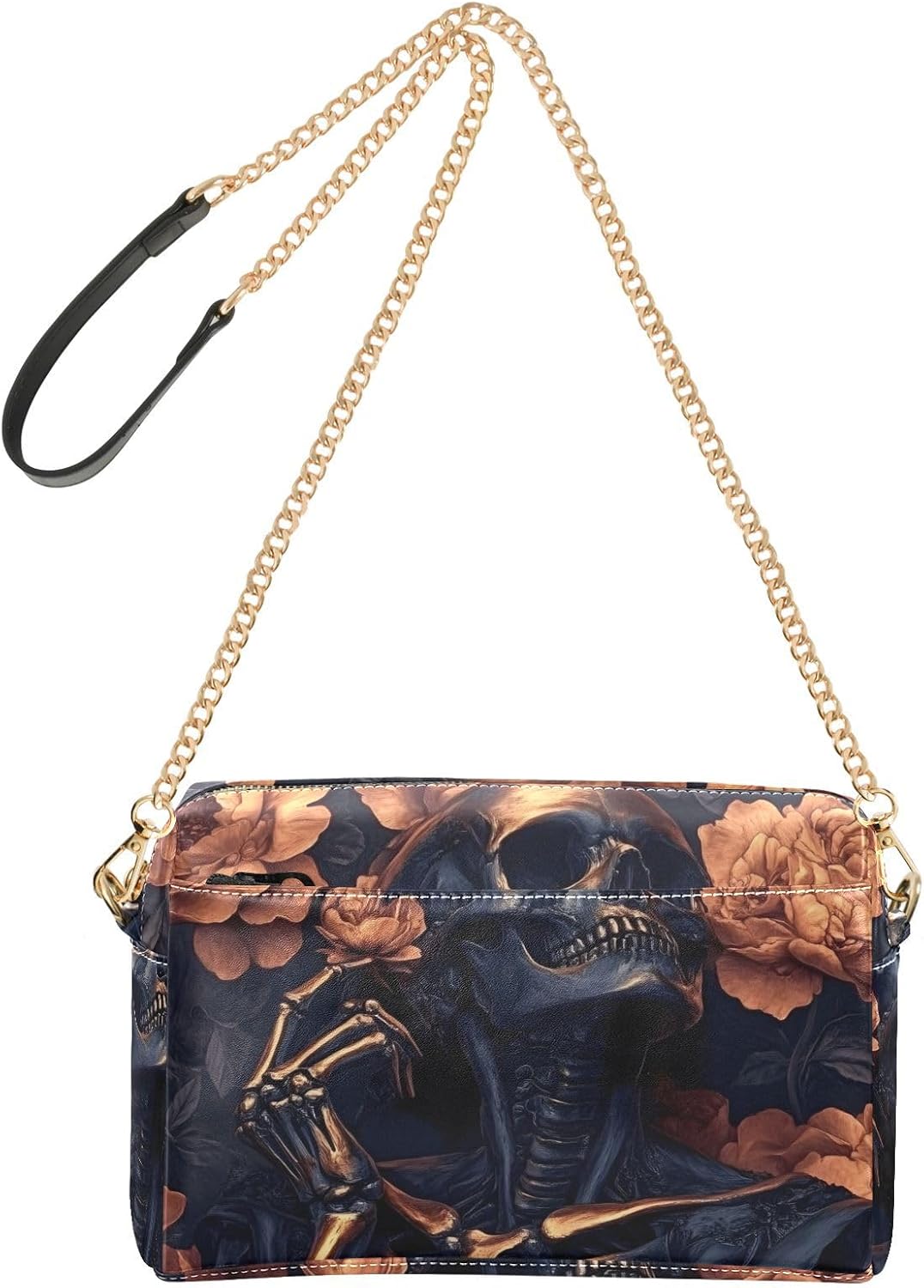 Women Crossbody Bag Shoulder Handbag Cellphone Purse Bronze Skull Print, PU Leather Metal Chain Strap Water Resistant Zipper Closure
