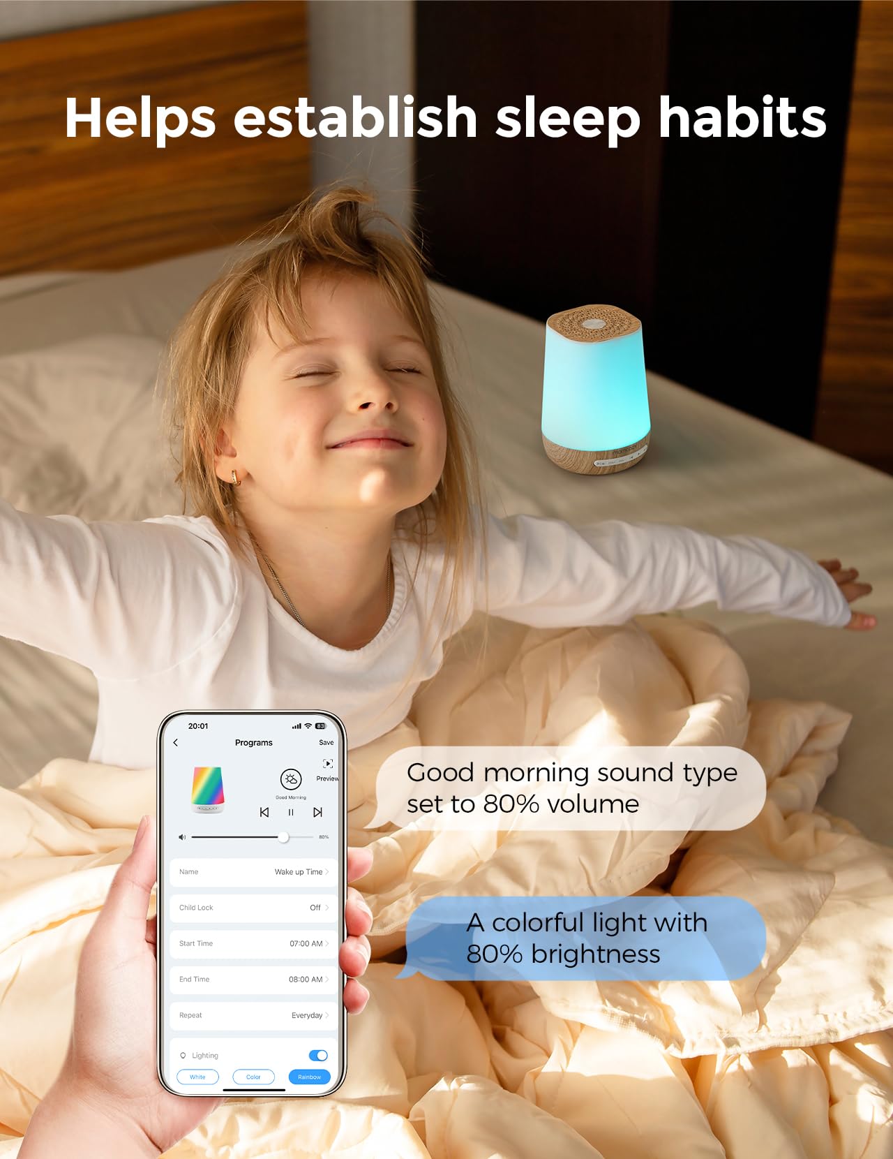Momcozy Baby White Noise Sound Machine, App Control Sleep Soother | 34 spokojne audio, 7-kolorowa lampa, timer, niestandardowa rutyna na dobranoc, trener malucha i gra dotykowa, słoje drewna
