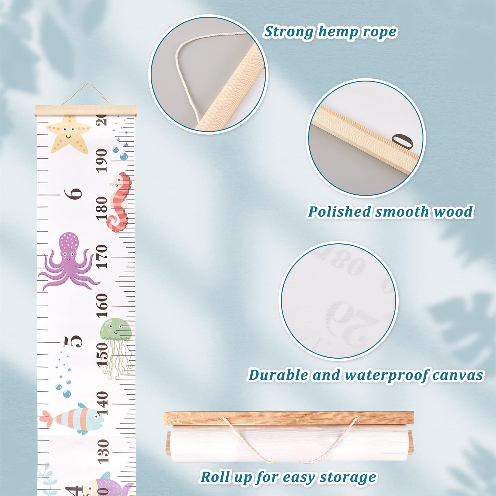 CREATCABIN Tableau Croissance des Animaux Mer Tissu Toile Hauteur Mesure Règle Cadre Bois Suspendu Amovible Dessin Animé Règles Murales pour Maison Salon Décoration Chambre d'enfant Décor