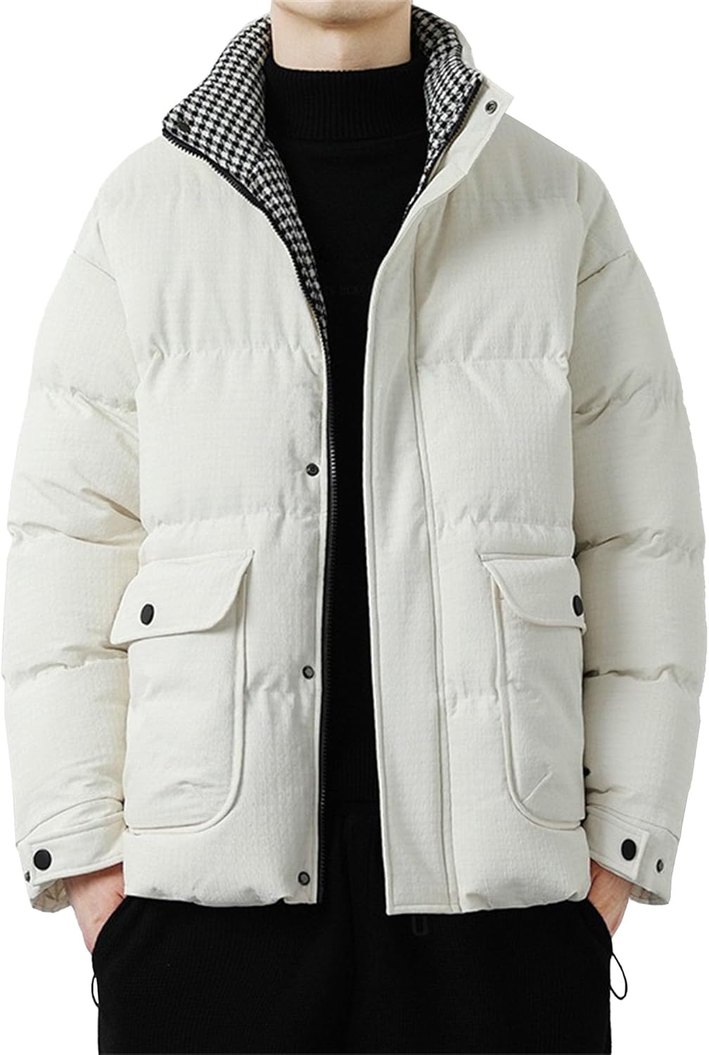 Mens Casual Winter Coats Stand Collar Full Zip Warm Down Jacket Windproof Padded Quilted Jacket Outwear with Pocket