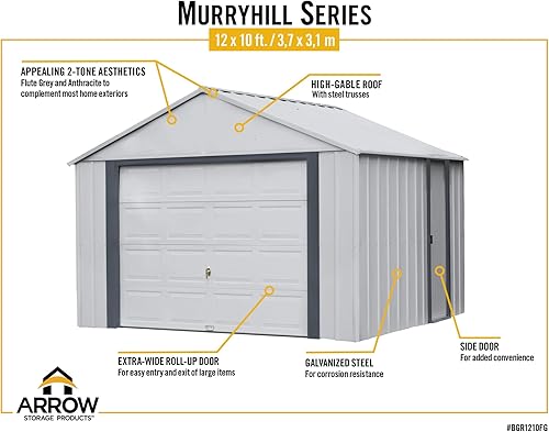 Miniatura 4 de Arrow Shed 12' x 10' Murryhill Garage Galvanized Steel Extra Tall Walls Prefabricated Shed Storage Building, 12' x 10', Flute Gray