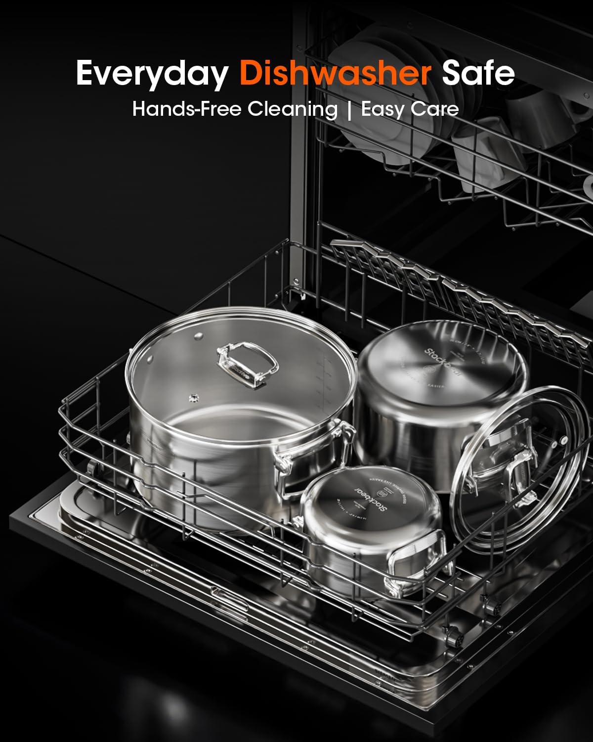 3-Ply Stainless Steel Stock Pot Set with Glass Lids – Space-Saving Stackable Trio Stockpot, Collapsible Handles, 18/10 Stainless Steel, Induction Ready (1.7/3.9/7.2 qt)