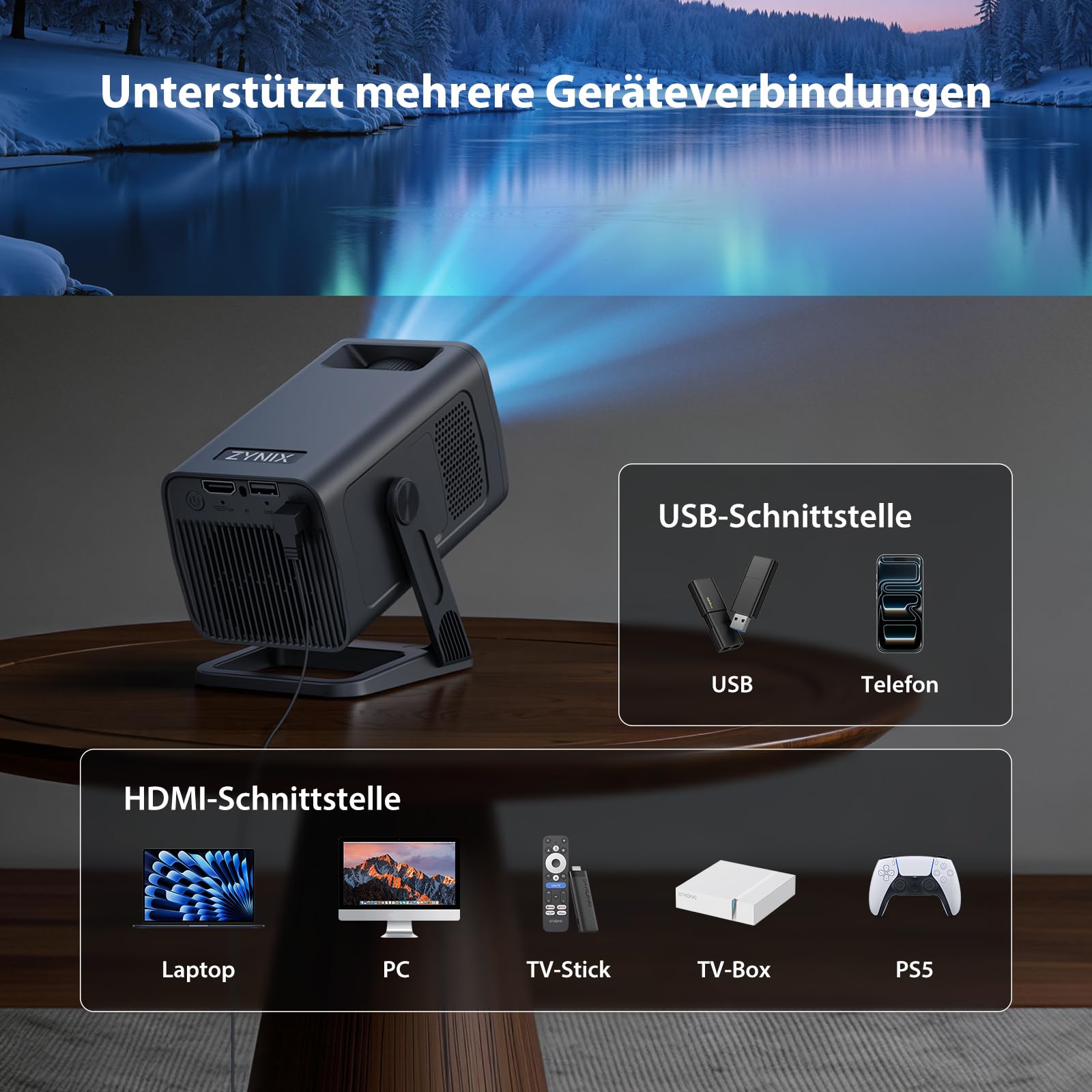 Mini Beamer mit Android 14 & Integrierte Apps, unterstützt 4K & 1080P | ZYNIX NIX500 Projektor Heimkino mit WiFi 6 & Bluetooth 5.4, Auto Keystone & 210° Rotation für Heimkino & Outdoor